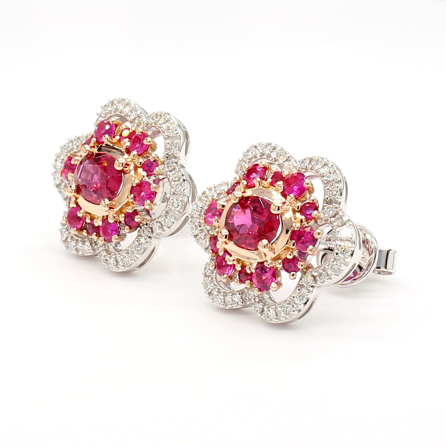 Natural Red Oval Ruby and White Diamond 1.68 Carat TW Gold Stud Earrings