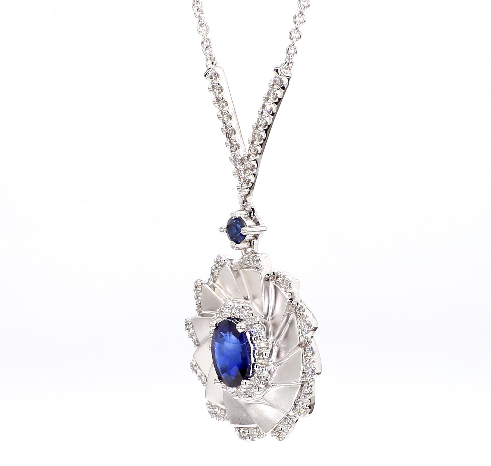 Natural Blue Oval Sapphire and White Diamond 0.95 Carat TW White Gold Necklace