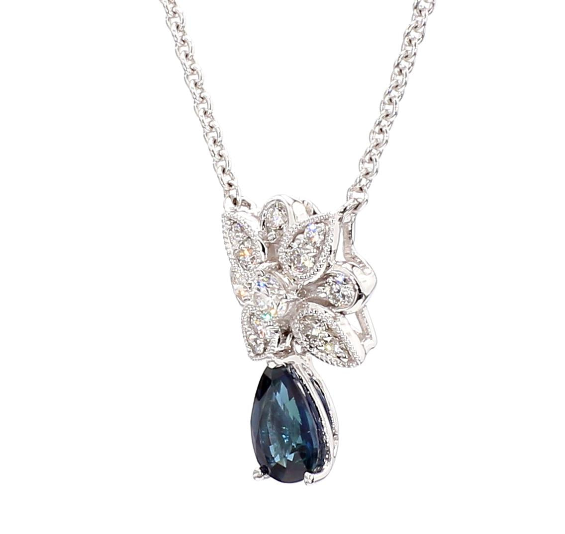 Natural Blue Pear Sapphire and White Diamond 0.57 Carat TW White Gold Necklace