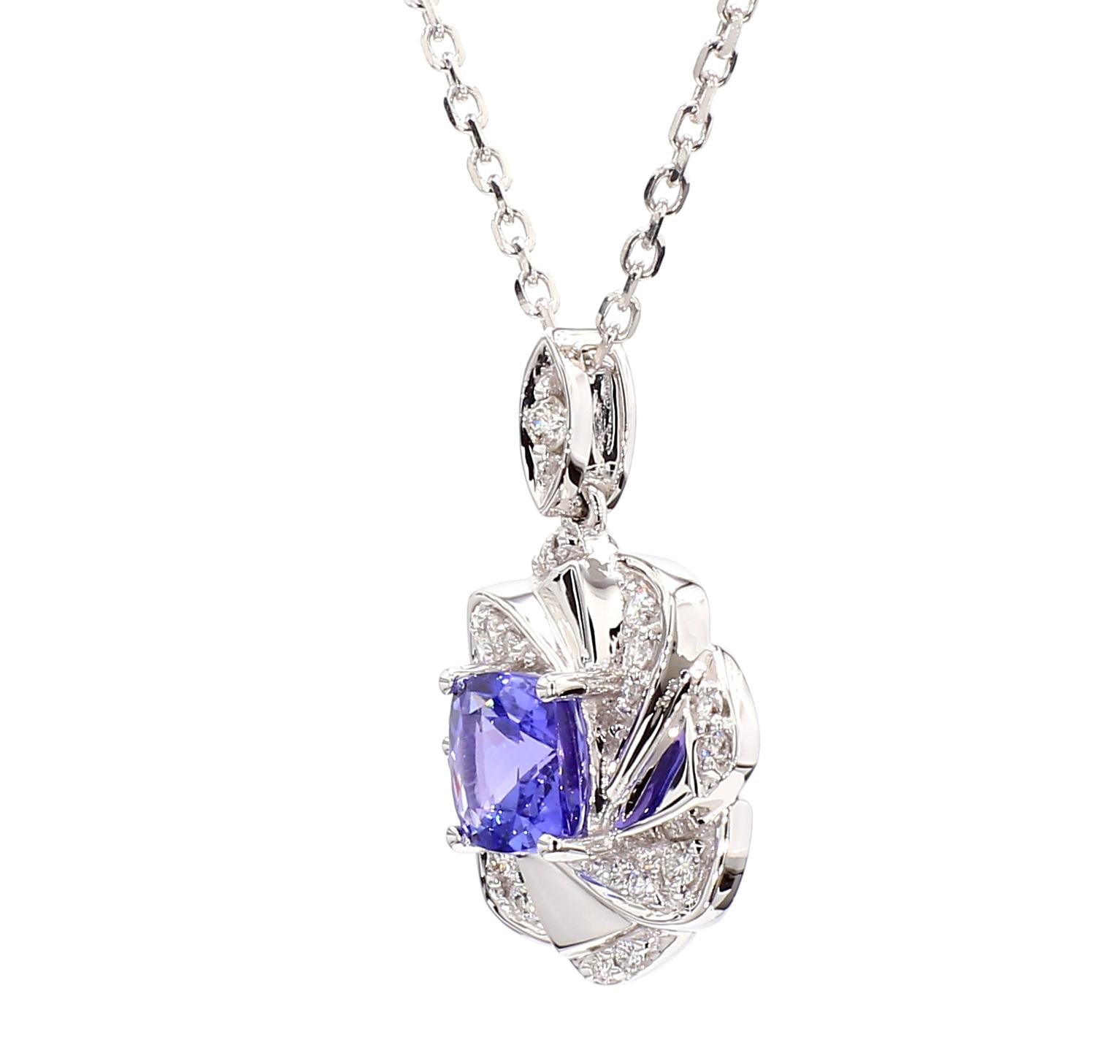 Natural Blue Cushion Tanzanite and White Diamond 1.21 Carat TW Gold Drop Pendant