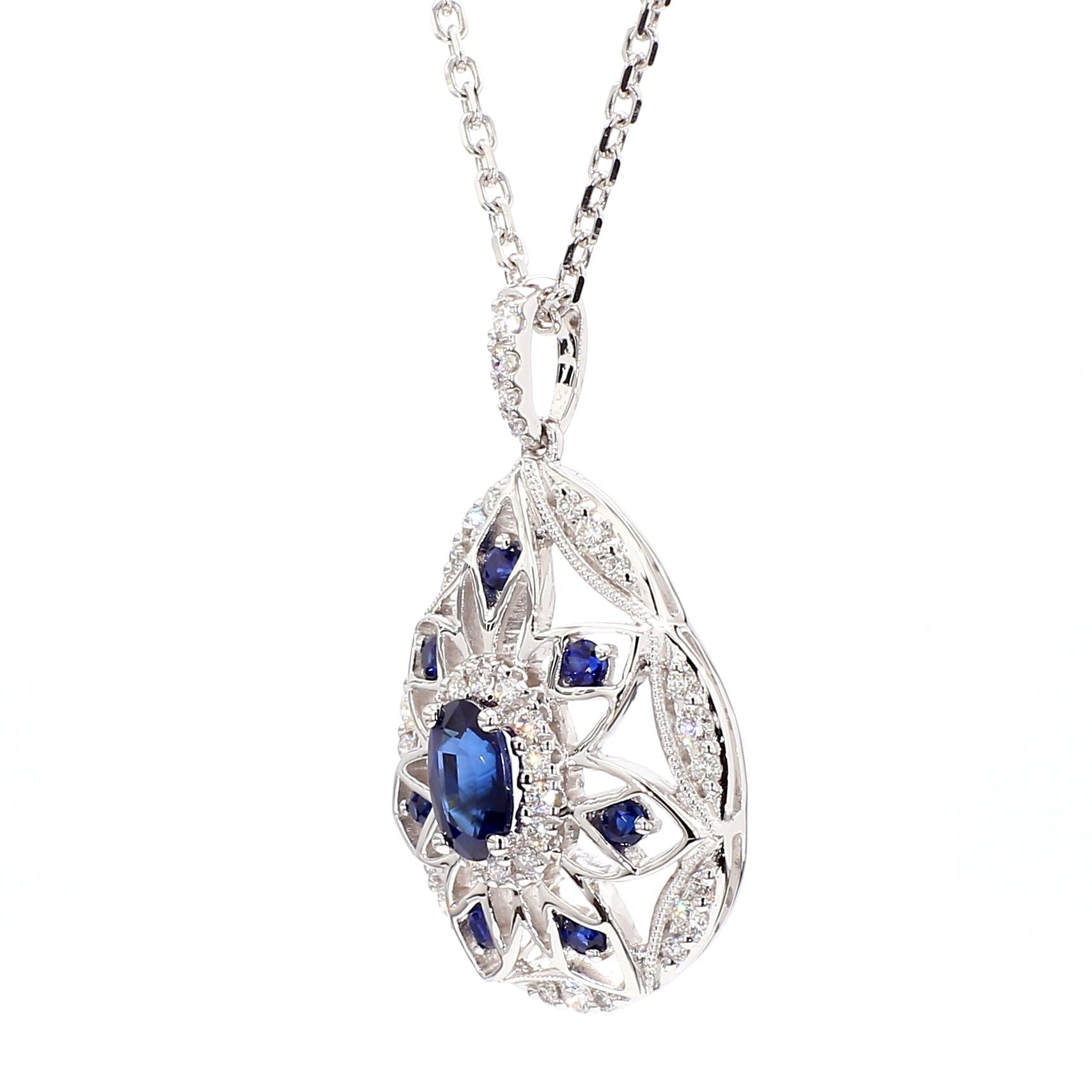 Natural Blue Oval Sapphire and White Diamond 1.08 Carat TW Gold Drop Pendant