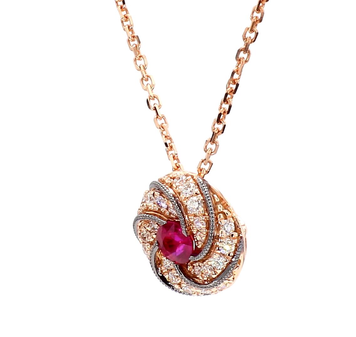 Natural Round Red Ruby and White Diamond .35 Carat TW Rose Gold Pendant