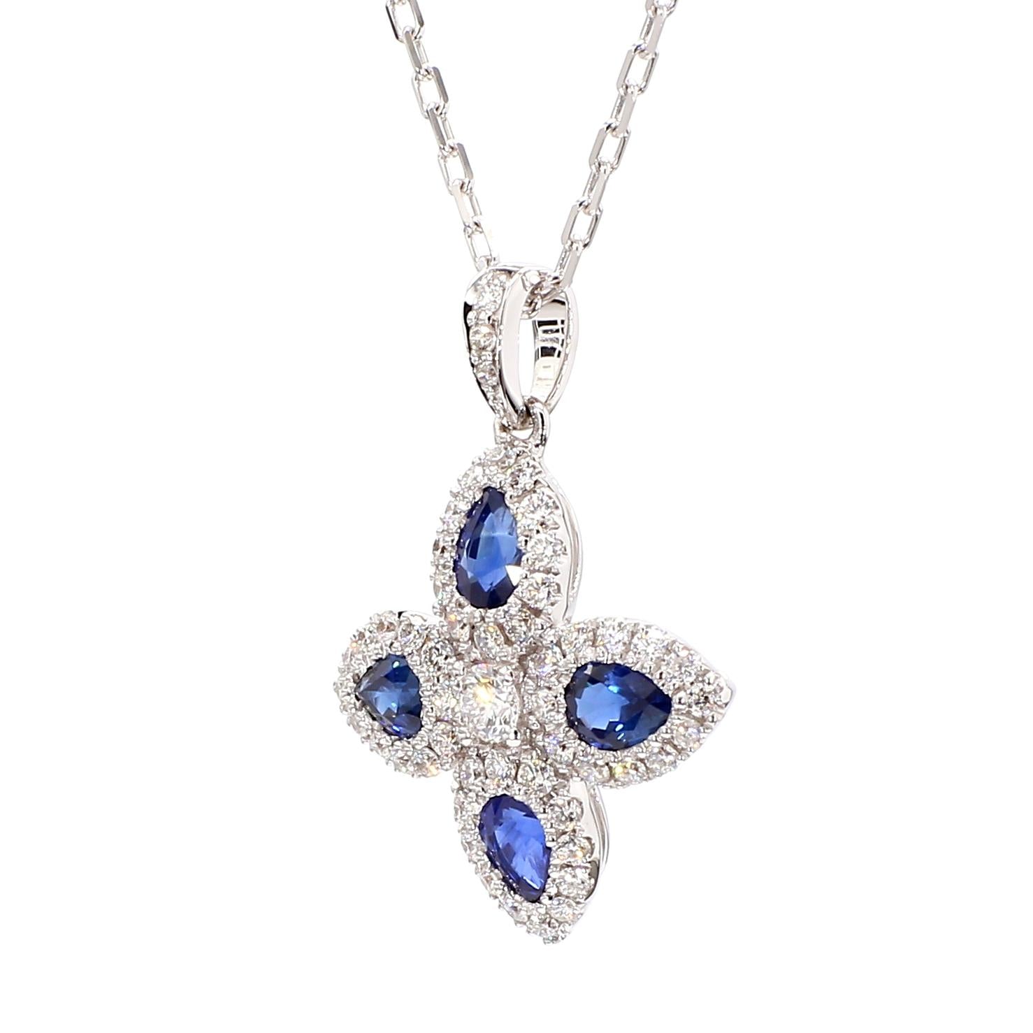 Natural Blue Pear Sapphire and White Diamond 1.26 Carat TW Gold Drop Pendant