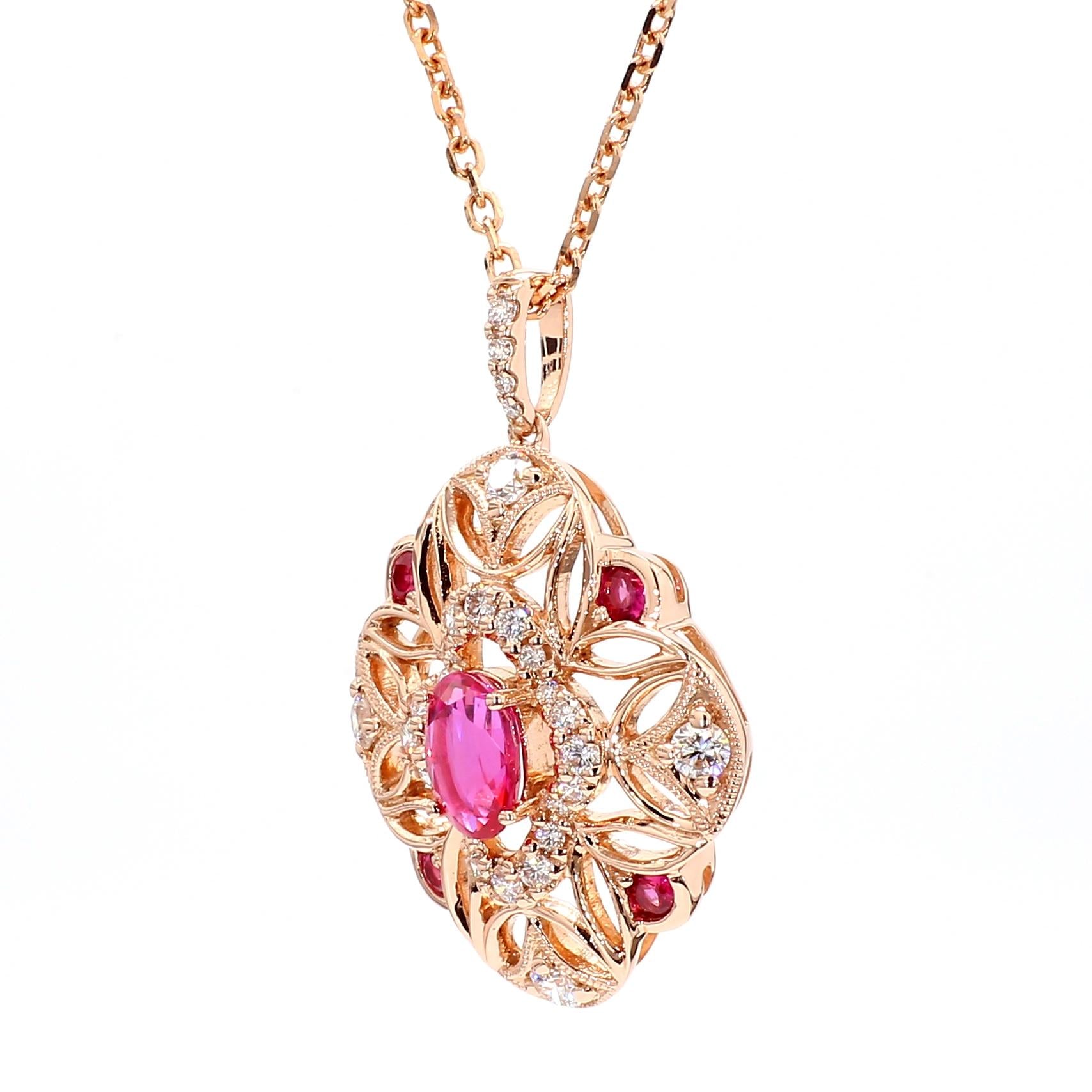 Natural Oval Red Ruby and White Diamond 1.09 Carat TW Gold Drop Pendant
