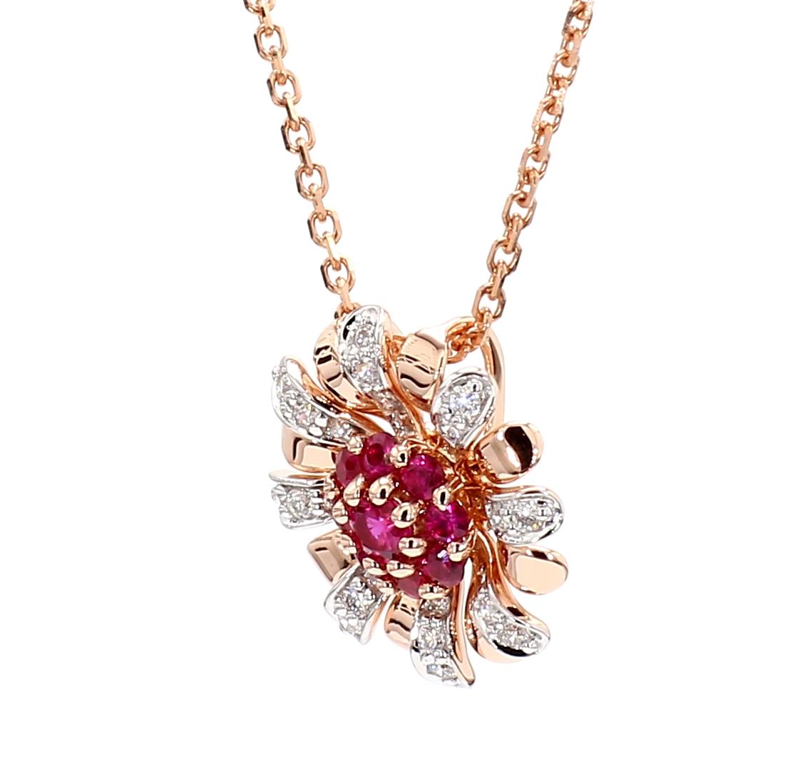 Natural Round Red Ruby and White Diamond .31 Carat TW Rose Gold Pendant