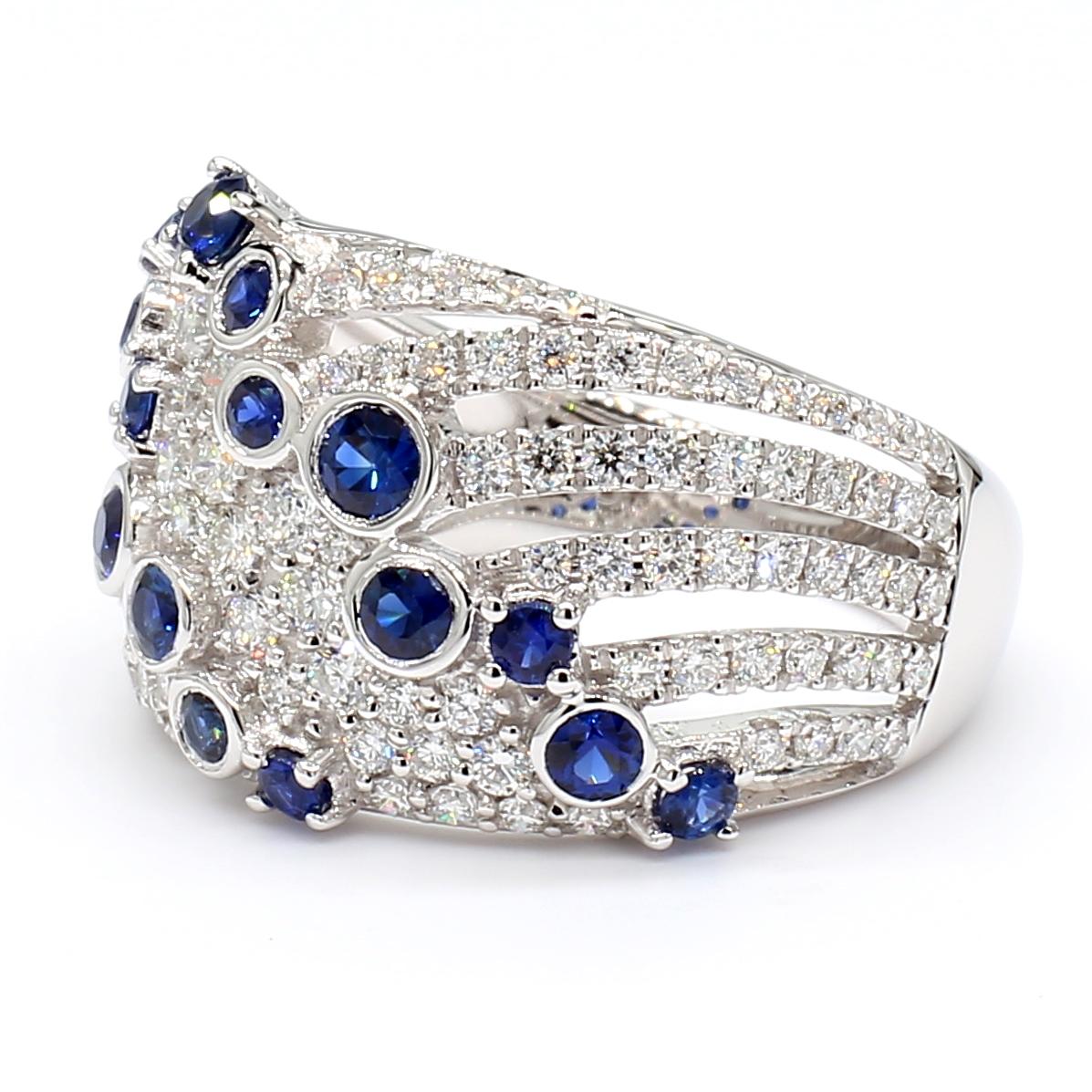 Natural Blue Round Sapphire and White Diamond 1.49 Carat TW Gold Cocktail Band