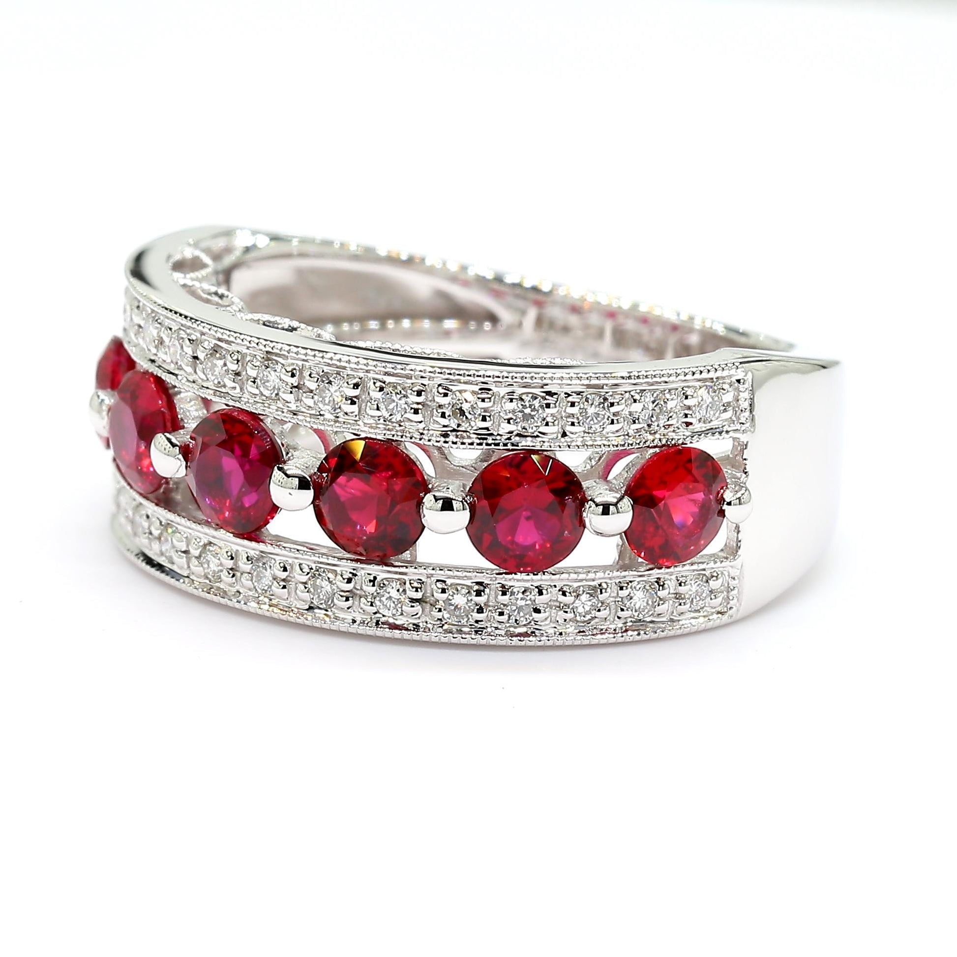 Natural Red Round Ruby and White Diamond 1.69 Carat TW Gold Cocktail Band