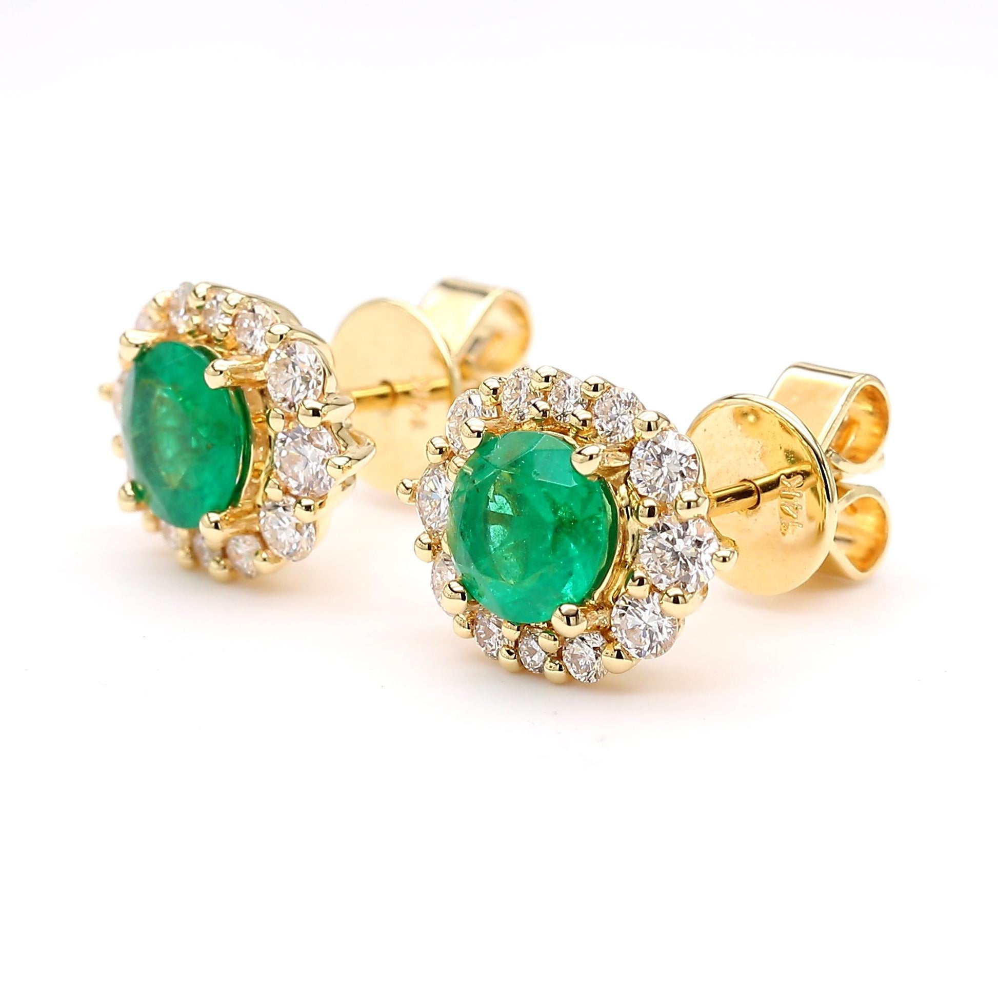 Natural Round Emerald and White Diamond 1.62 Carat TW Gold Stud Earrings