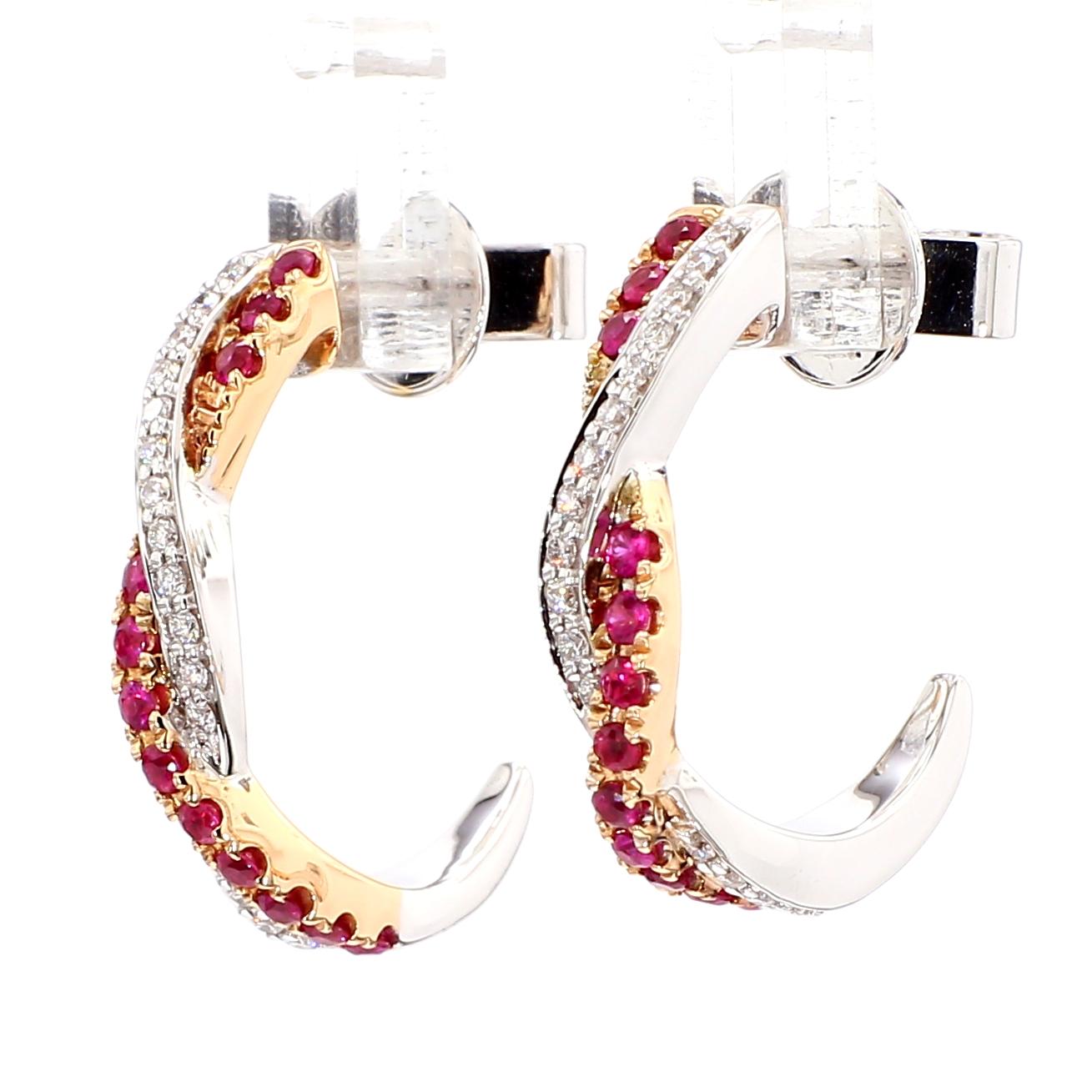 Natural Red Round Ruby and White Diamond 0.53 Carat TW Rose Gold Drop Earrings