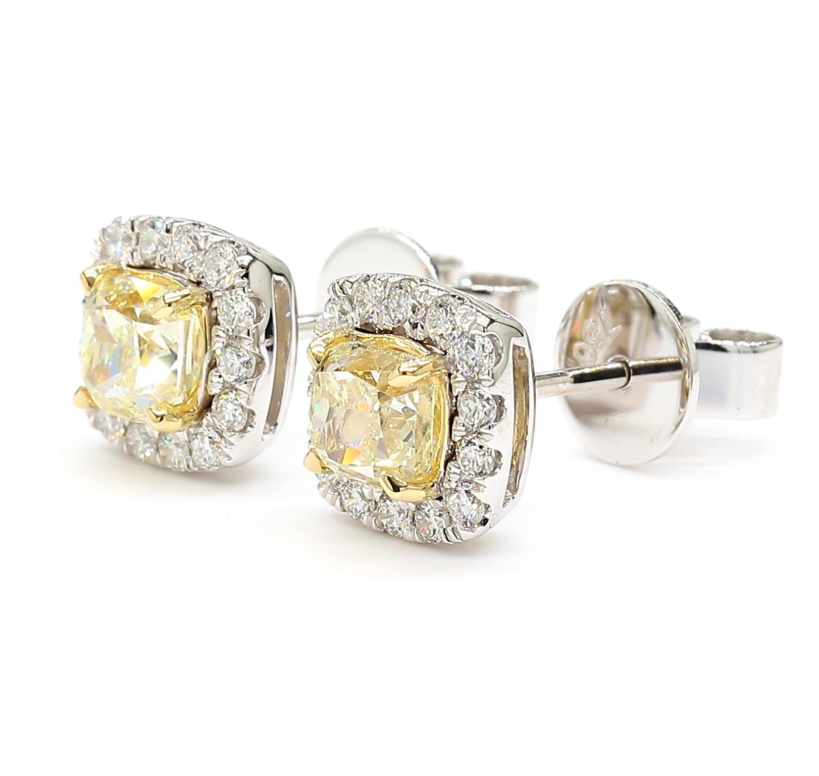 Natural Yellow Cushion Diamond 1.25 Carat TW Gold Stud Earrings