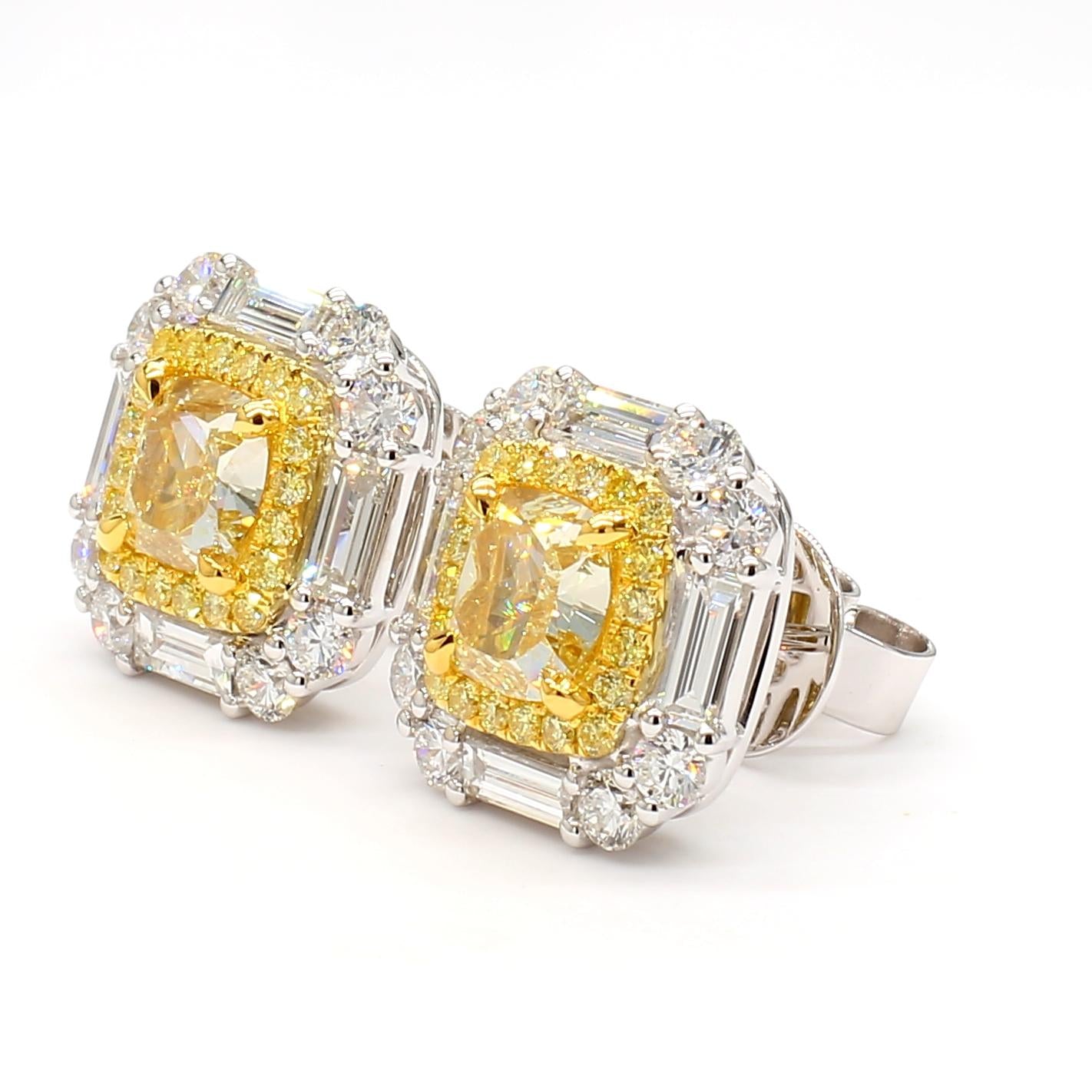 GIA Certified Natural Yellow Cushion Diamond 4.01 Carat TW Gold Stud Earrings