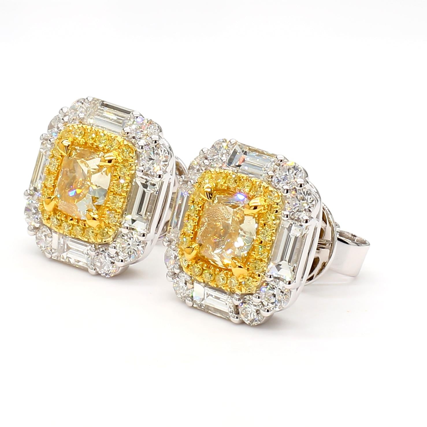 GIA Certified Natural Yellow Cushion Diamond 4.07 Carat TW Gold Stud Earrings