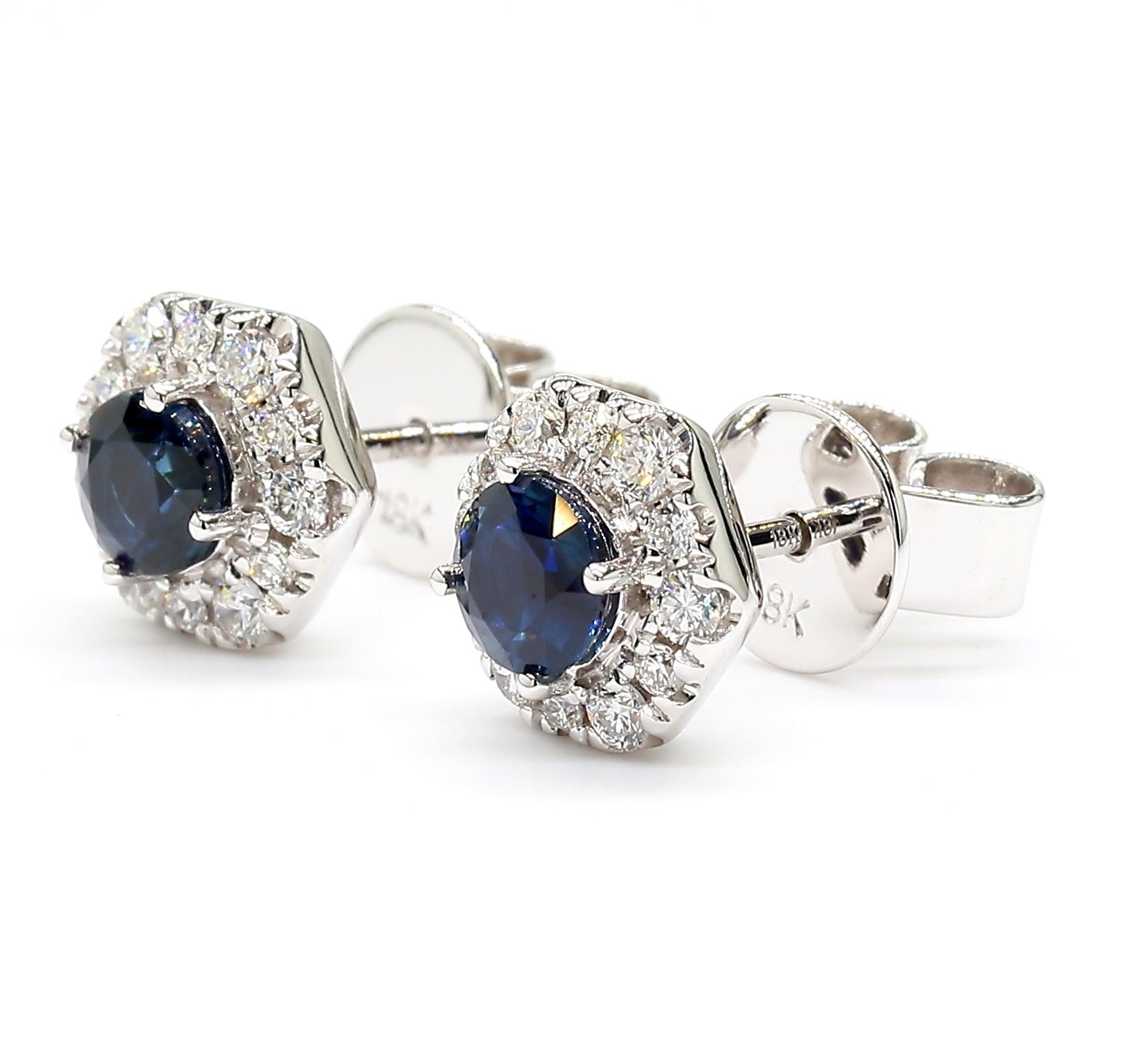 Natural Blue Round Sapphire and Diamond 0.97 Carat TW Gold Stud Earrings