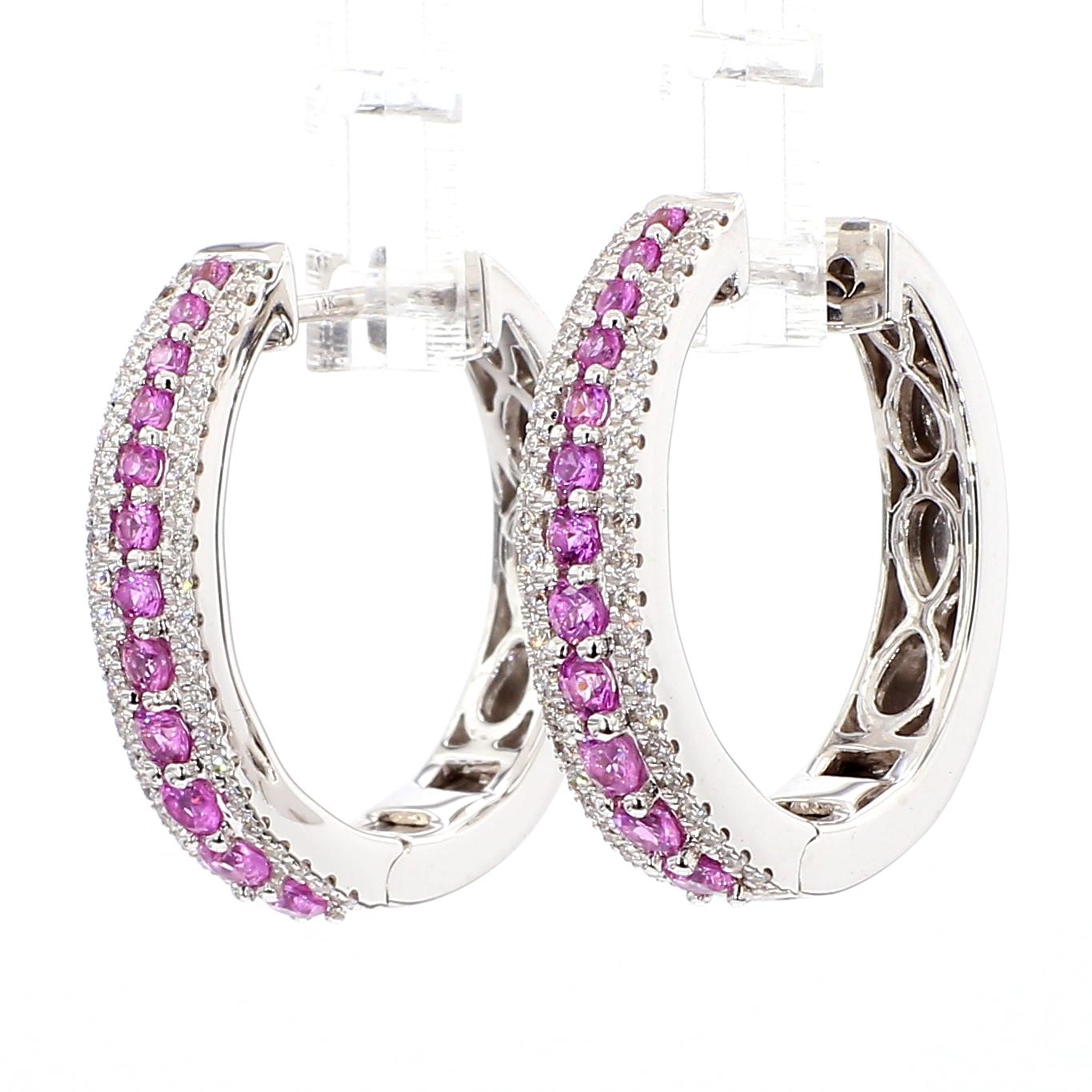 Natural Pink Round Sapphire and White Diamond 1.22 Carat TW White Gold Earrings