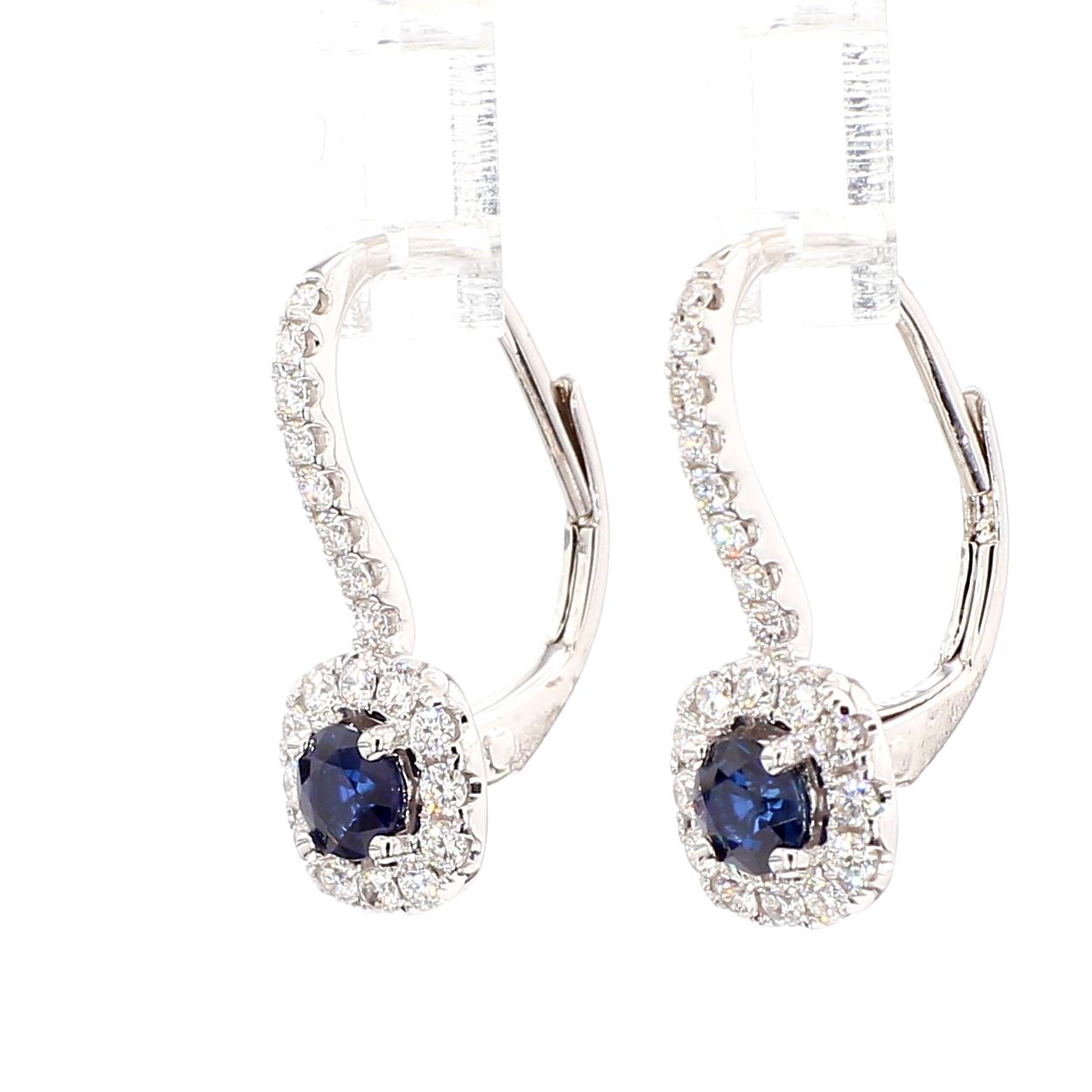 Natural Blue Round Sapphire and Diamond 1.05 Carat TW Gold Drop Earrings