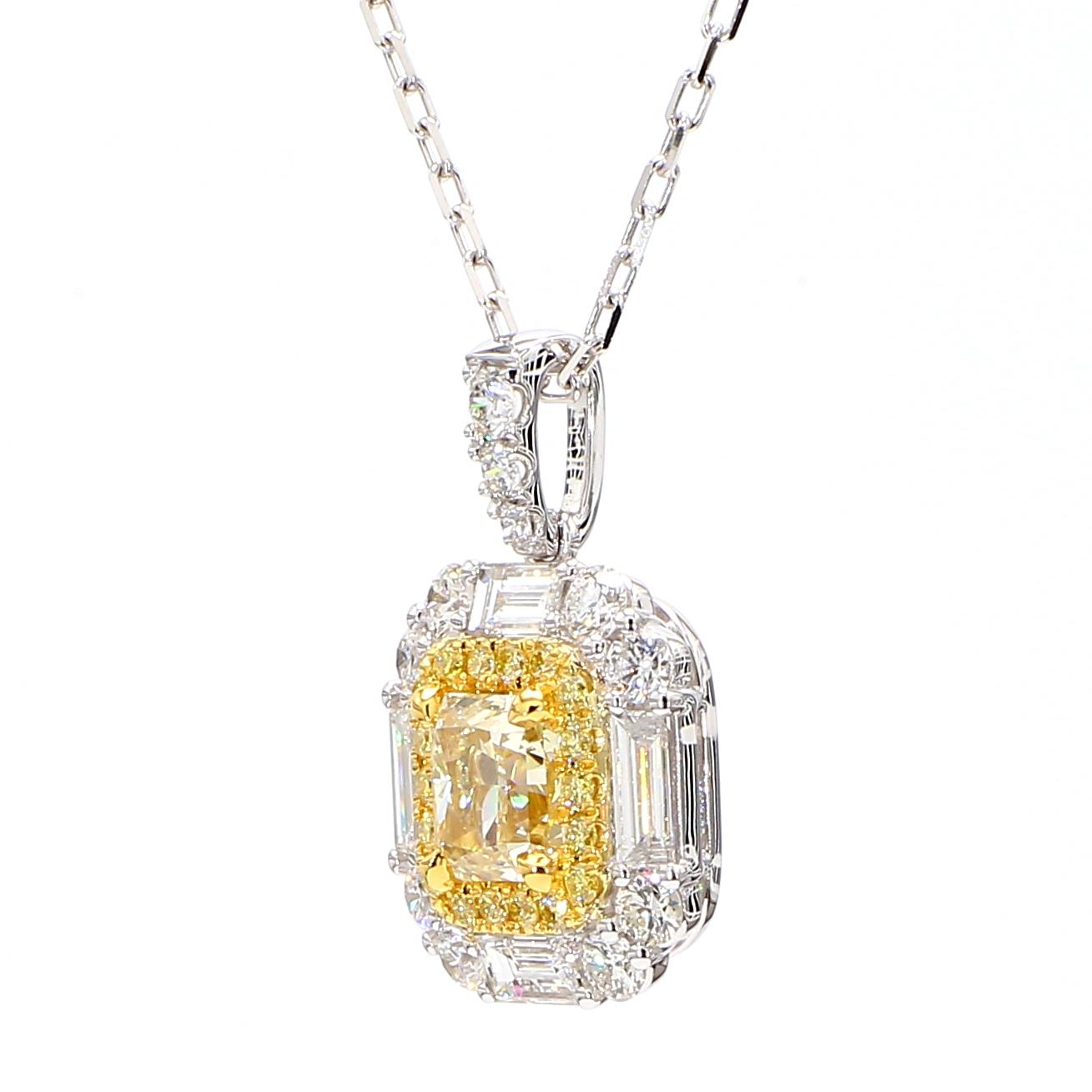 GIA Certified Natural Yellow Radiant Diamond 2.15 Carat TW Gold Drop Pendant