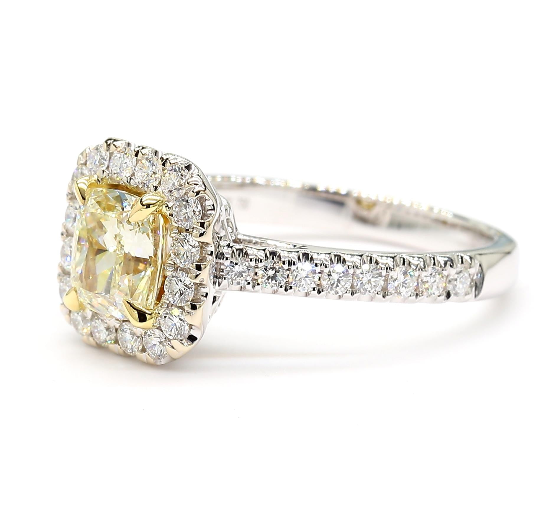 GIA Certified Natural Yellow Cushion Diamond 1.51 Carat TW Gold Cocktail Ring