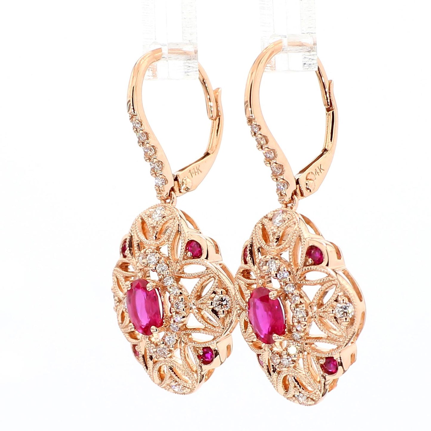 Natural Red Oval Ruby and White Diamond 1.46 Carat TW Gold Drop Earrings