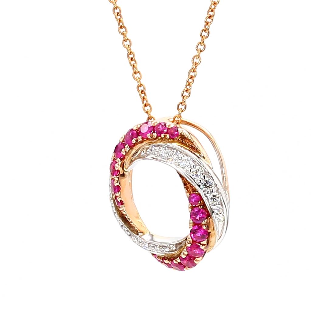 Natural Round Red Ruby and White Diamond .78 Carat TW Rose Gold Drop Pendant