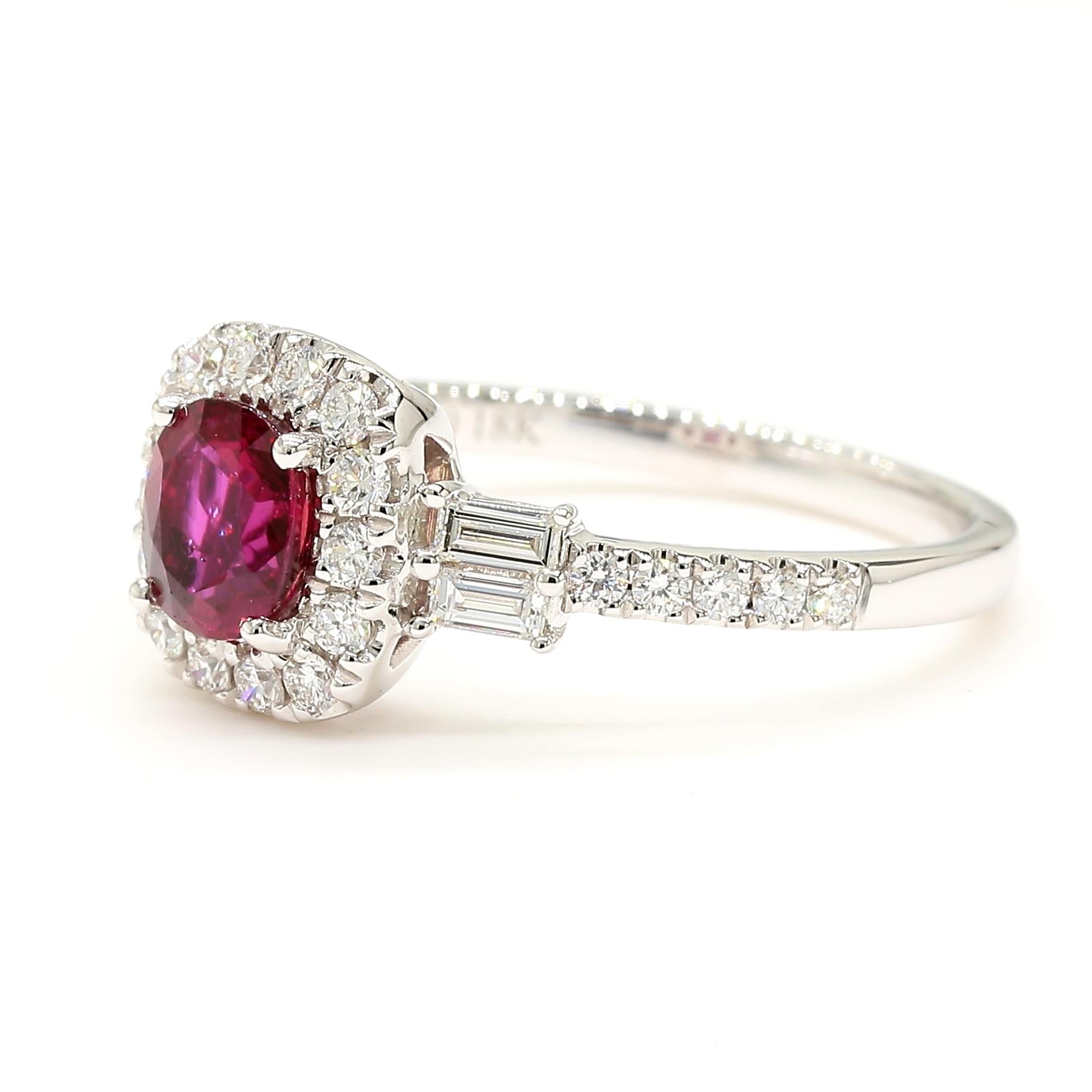 Natural Red Cushion Ruby and White Diamond 1.25 Carat TW Gold Cocktail Ring