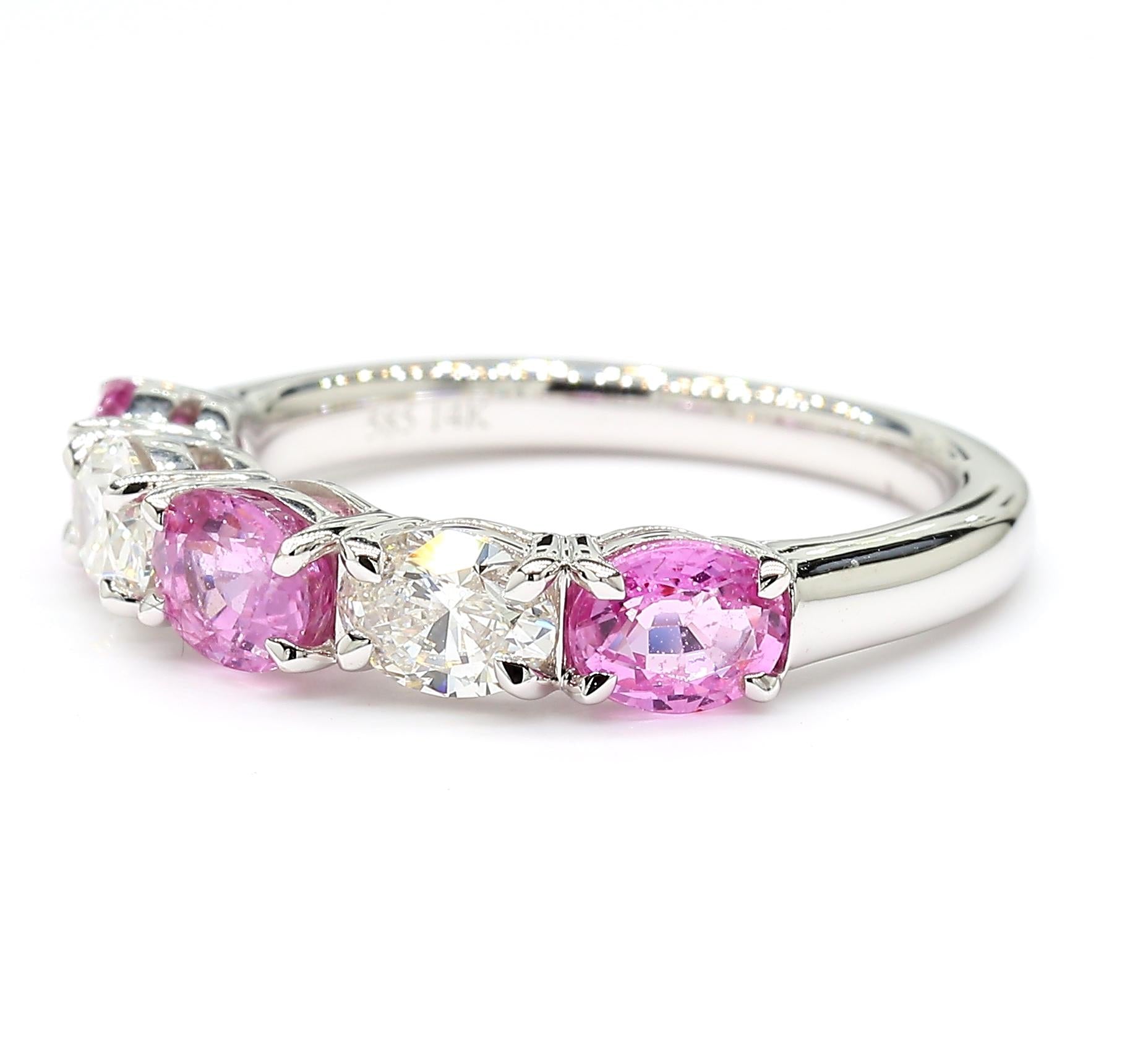Natural Pink Oval Sapphire and White Diamond 1.97 Carat TW Gold Wedding Band