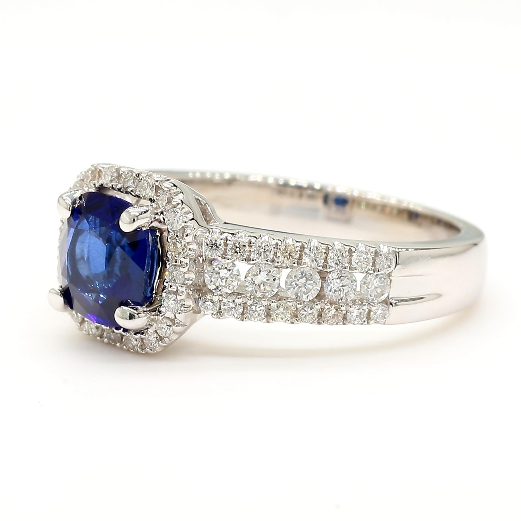 Natural Blue Cushion Sapphire and White Diamond 1.58 Carat TW Gold Cocktail Ring