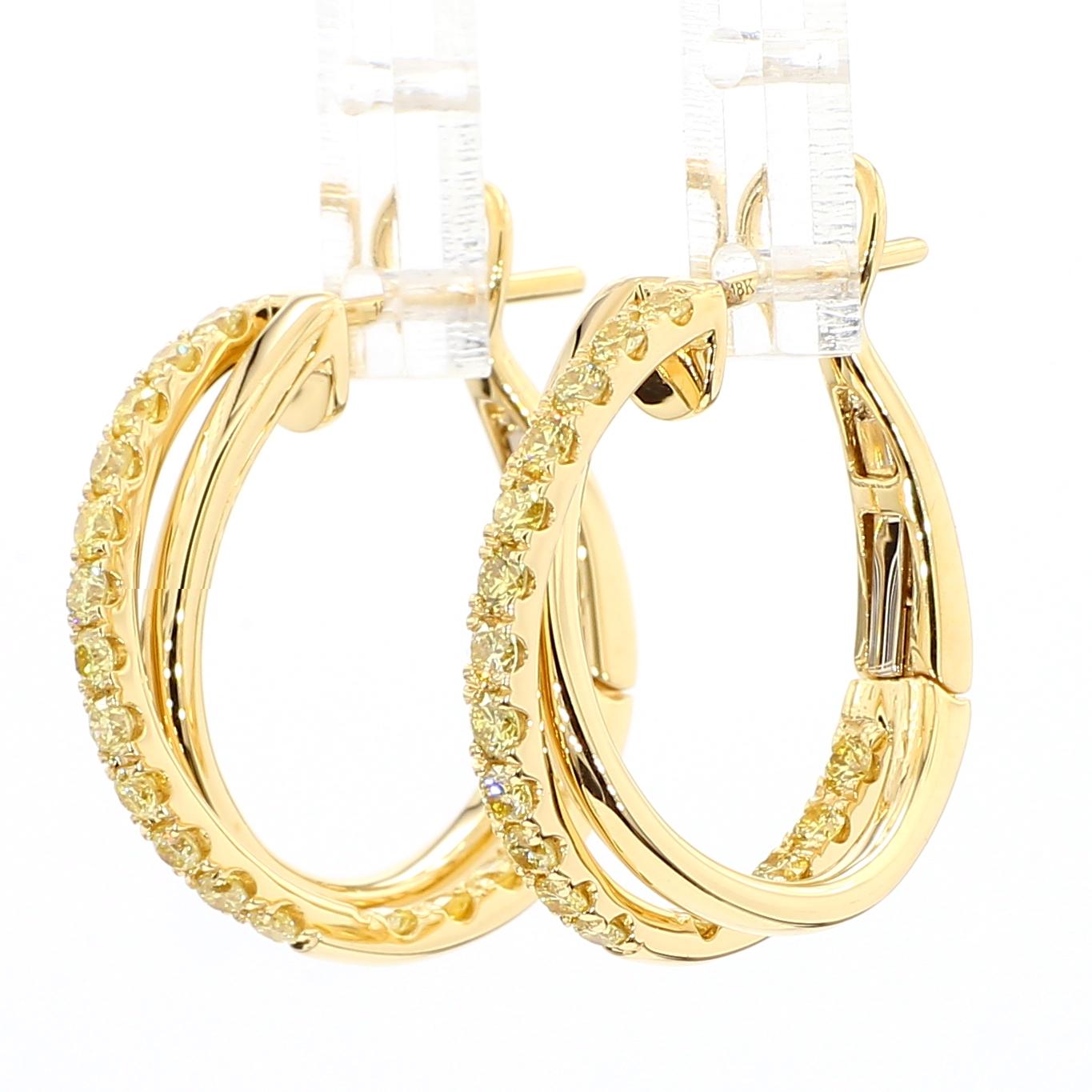 Natural Yellow Round Diamond .96 Carat TW Yellow Gold Hoop Earrings