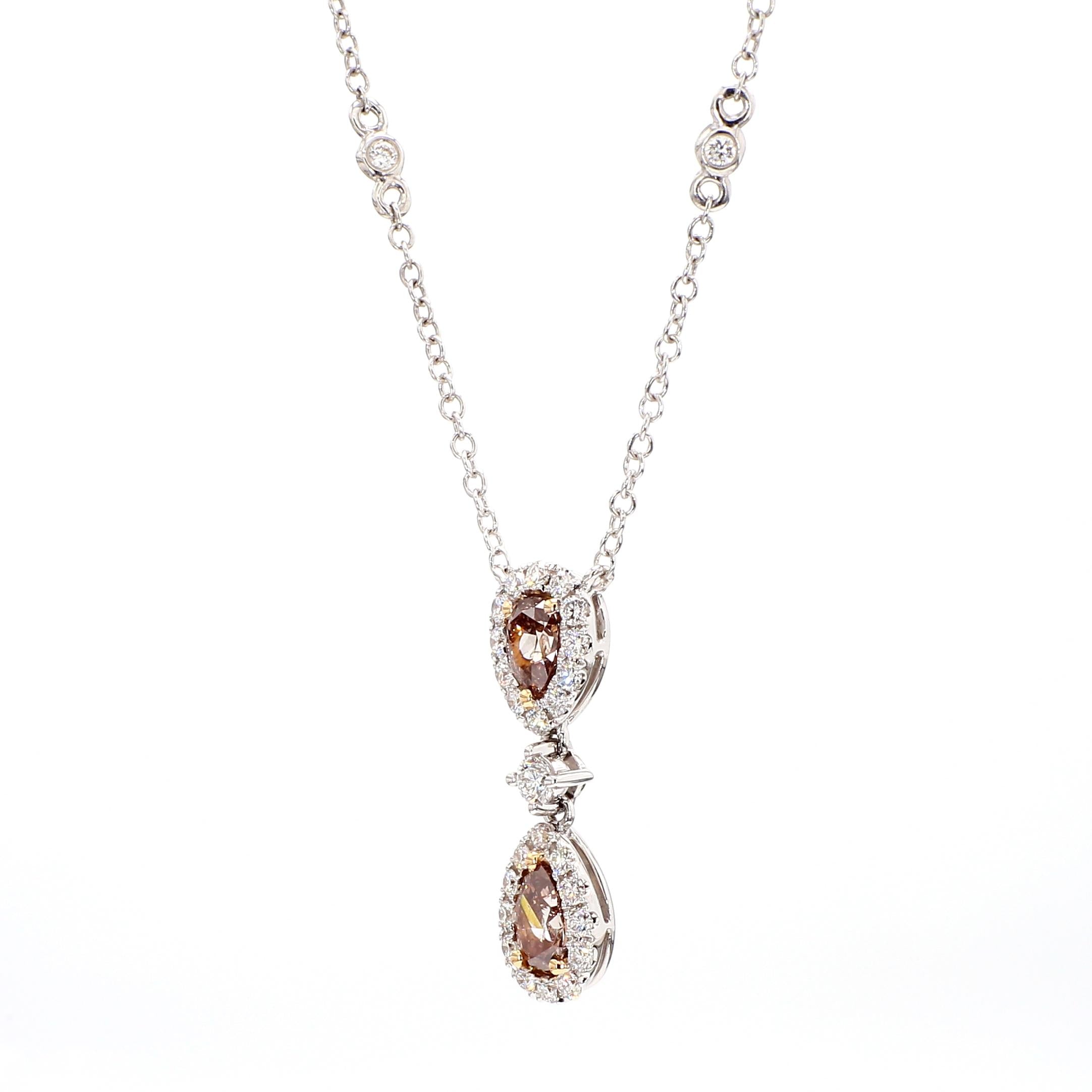 GIA Certified Natural Brown Pear Diamond 1.08 Carat TW Gold Necklace