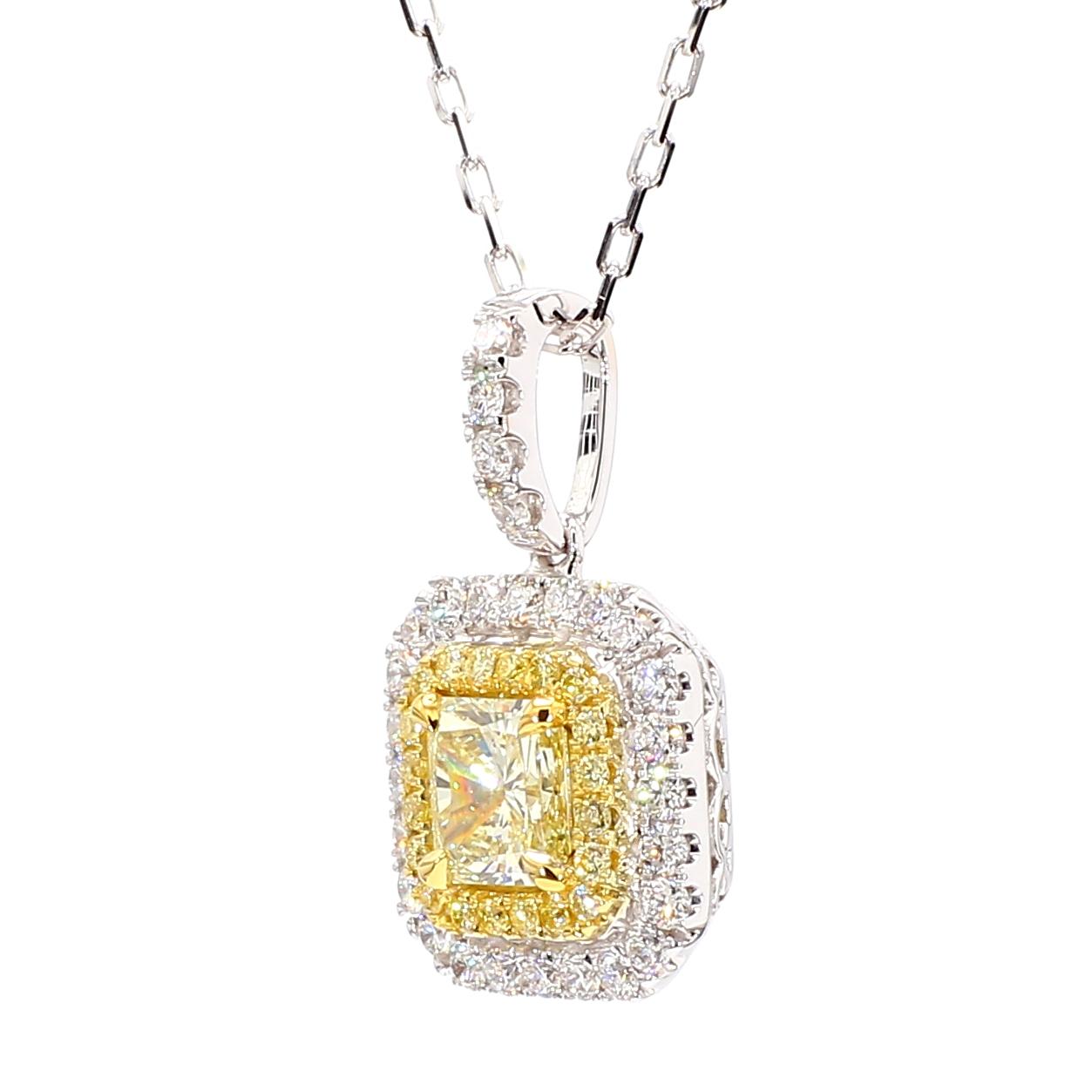 GIA Certified Natural Yellow Radiant Diamond 1.45 Carat TW Gold Drop Pendant