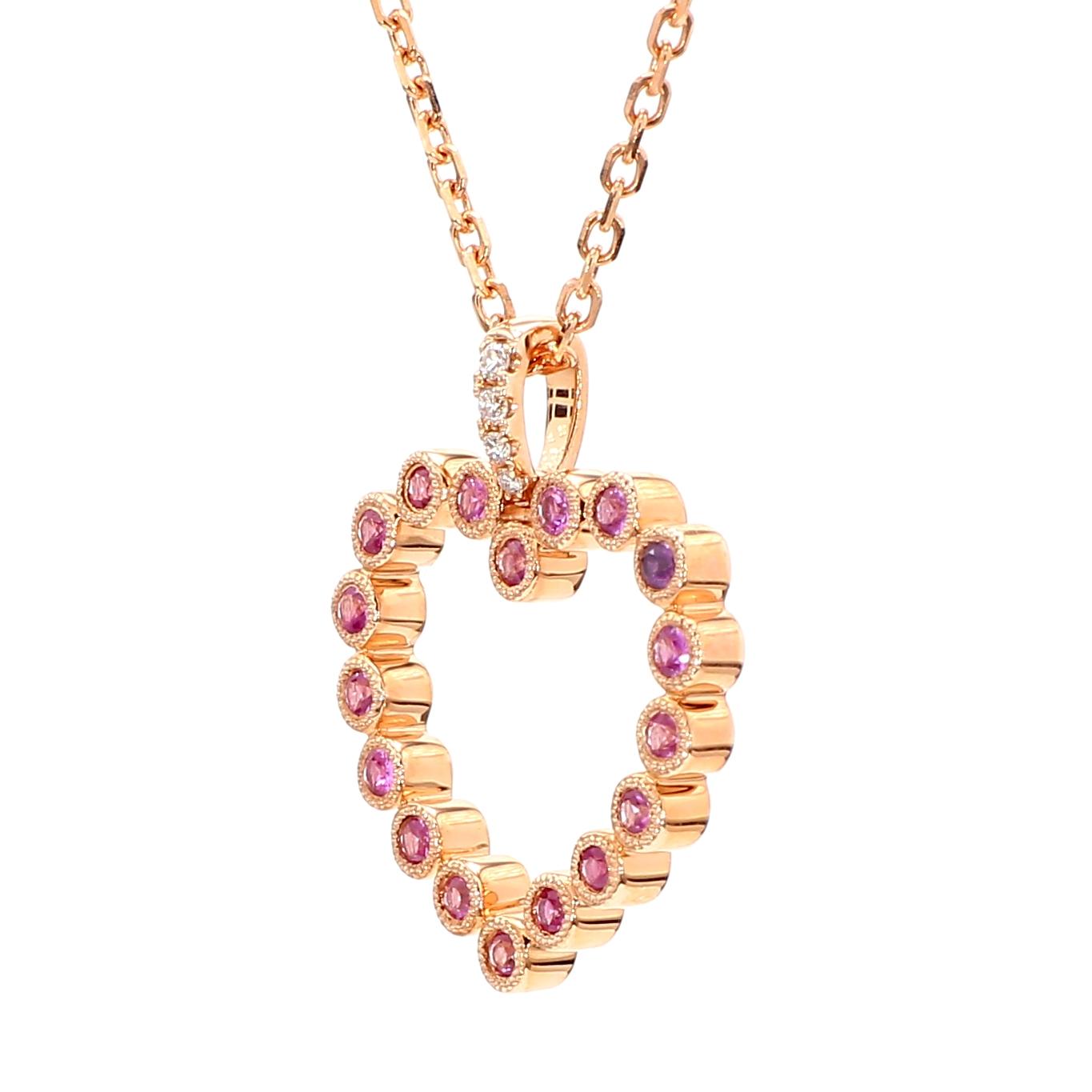 Natural Pink Round Sapphire and White Diamond .33 Carat TW Rose Gold Pendant