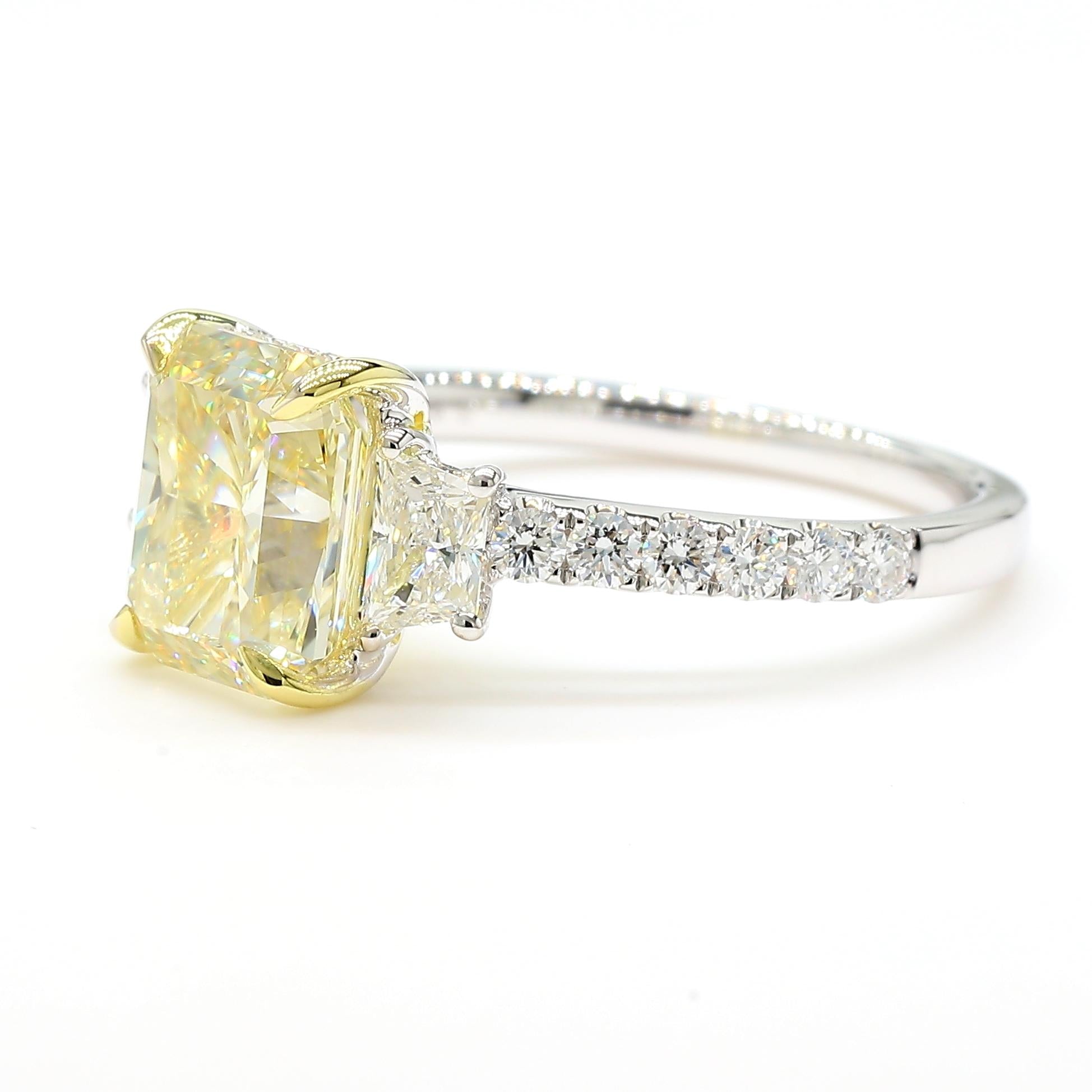 GIA Certified Natural Yellow Radiant Diamond 3.30 Carat TW Gold Cocktail Ring