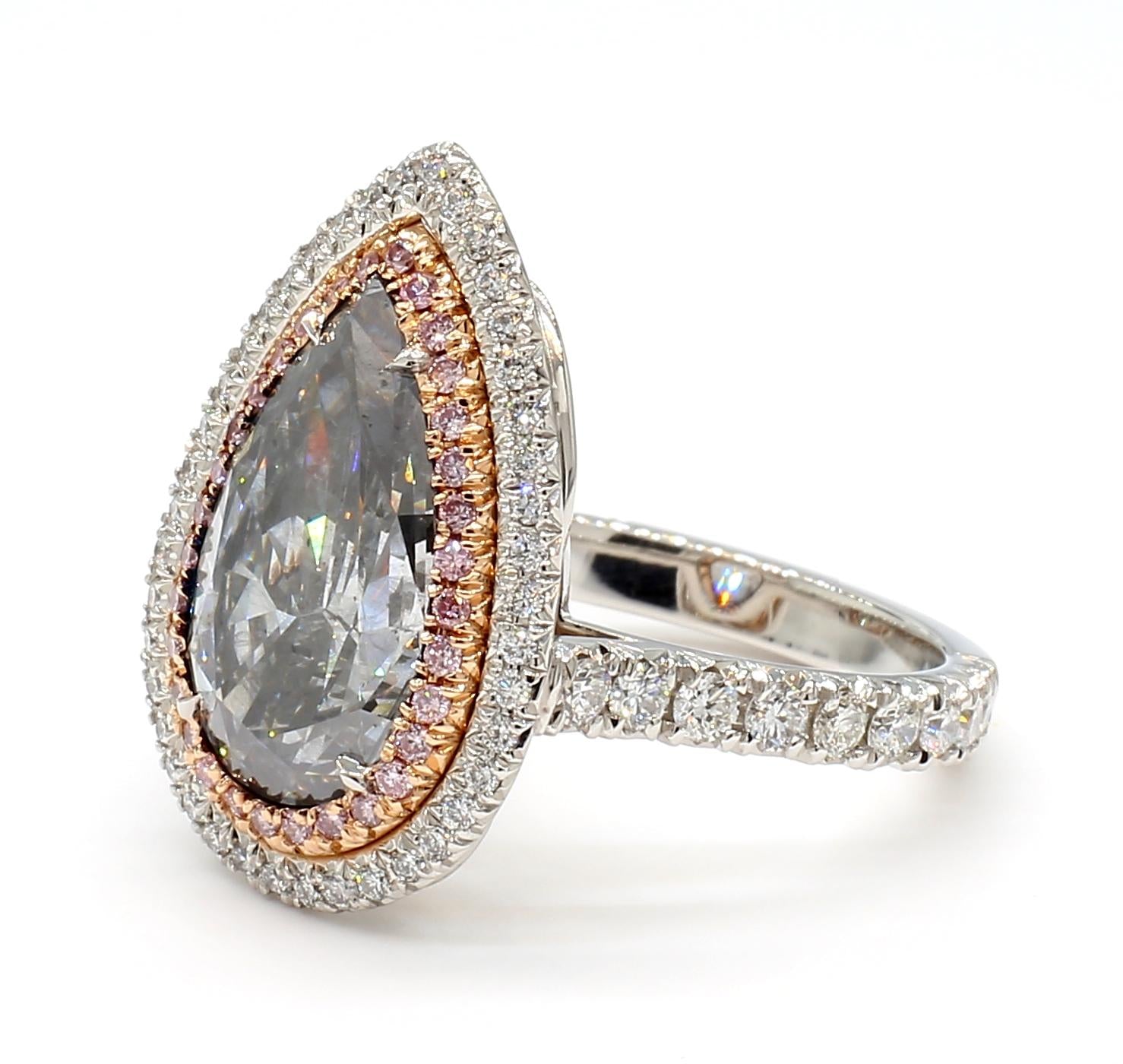 GIA Certified Natural Fancy Gray Pear Diamond 5.60 Carat TW Gold Cocktail Ring