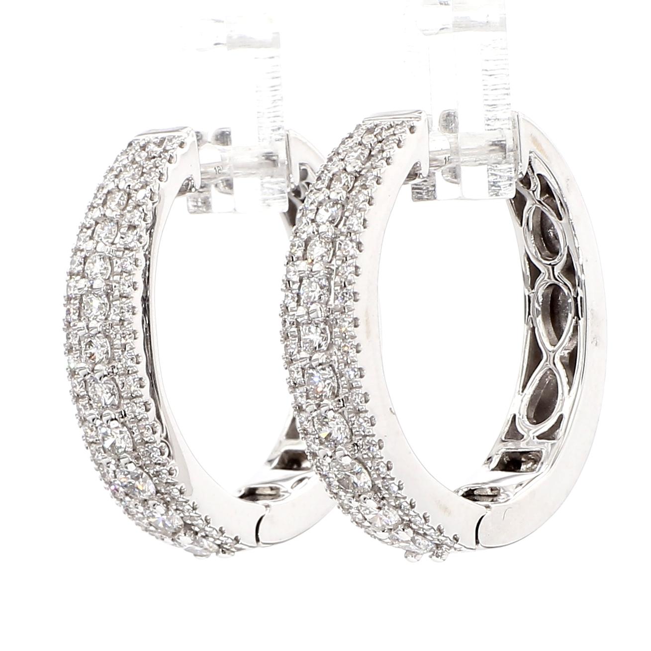 Natural White Round Diamond 1.01 Carat TW White Gold Hoop Earrings