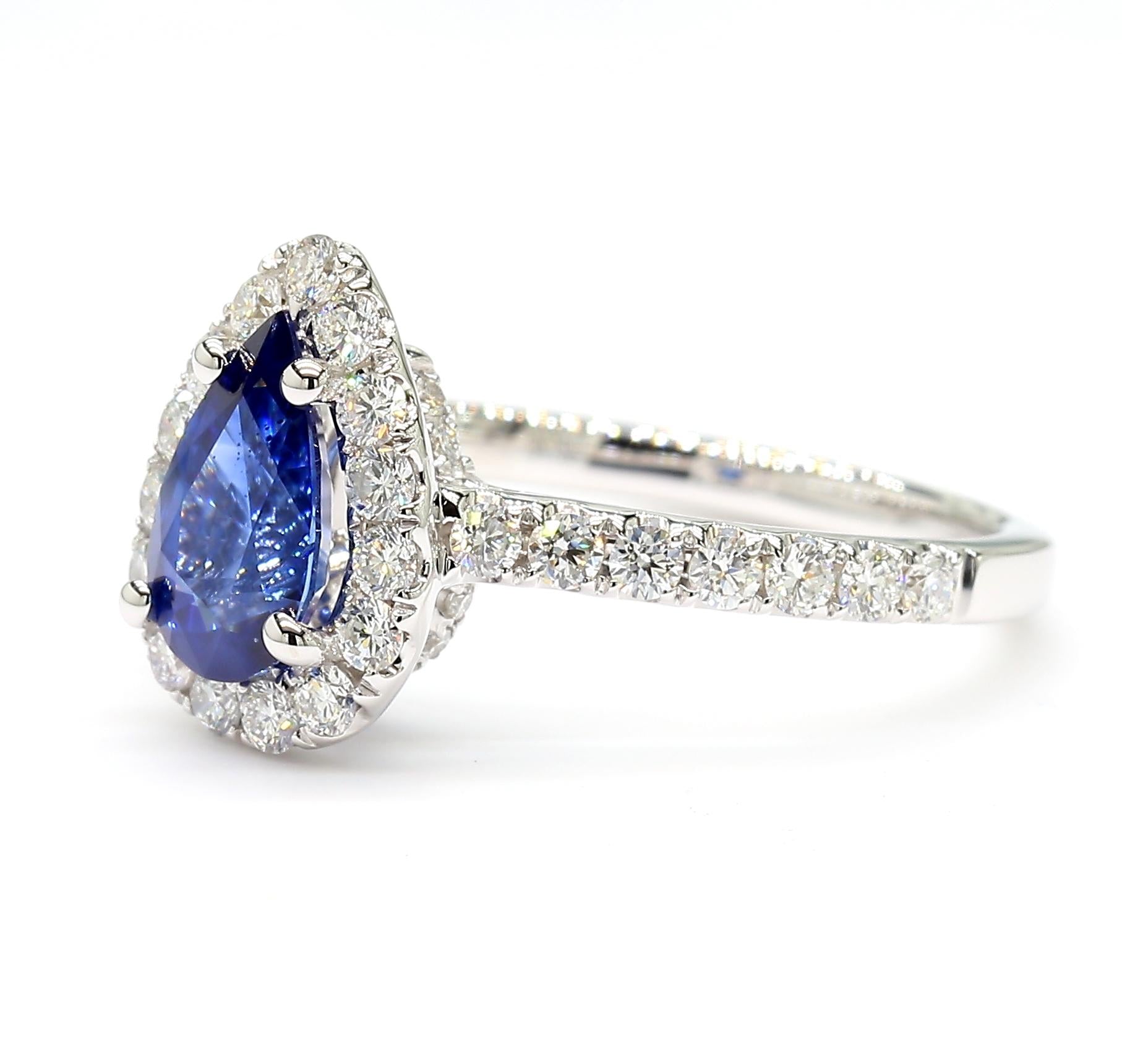 Natural Blue Pear Sapphire and White Diamond 1.79 Carat TW Gold Cocktail Ring