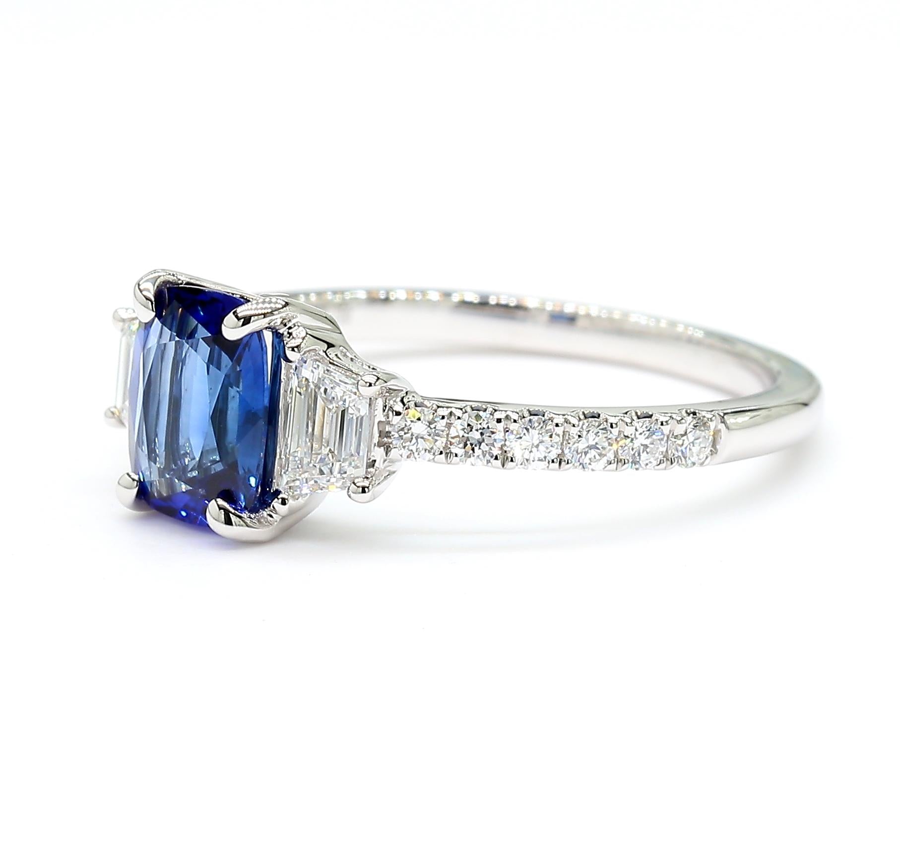 Natural Blue Cushion Sapphire and White Diamond 1.49 Carat TW Gold Cocktail Ring