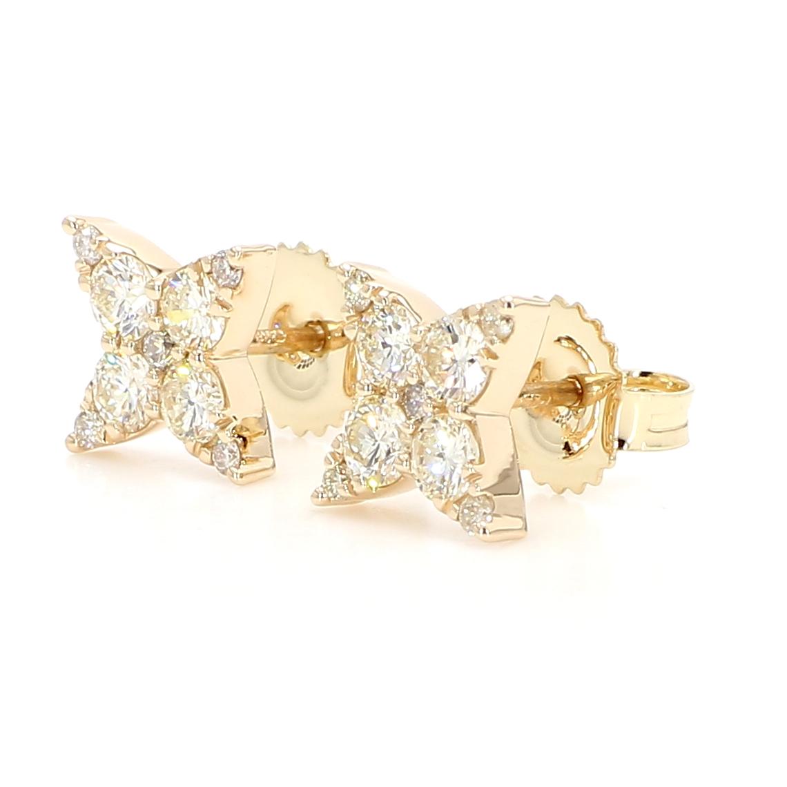 Natural White Round Diamond 0.90 Carat TW Yellow Gold Stud Earrings