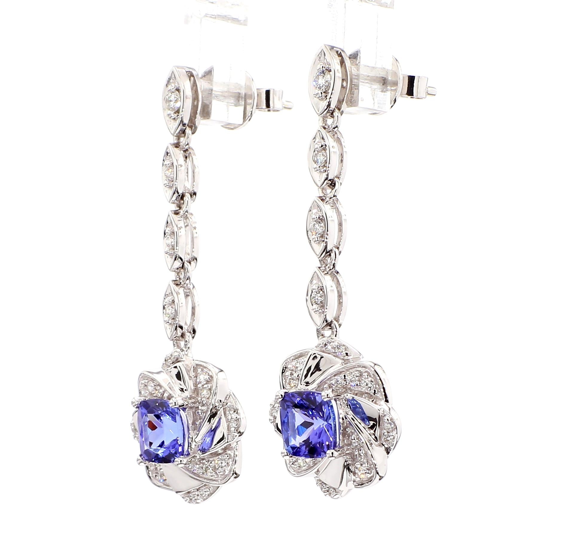 Natural Blue Cushion Tanzanite and White Diamond 1.63 Carat TW Gold Earrings