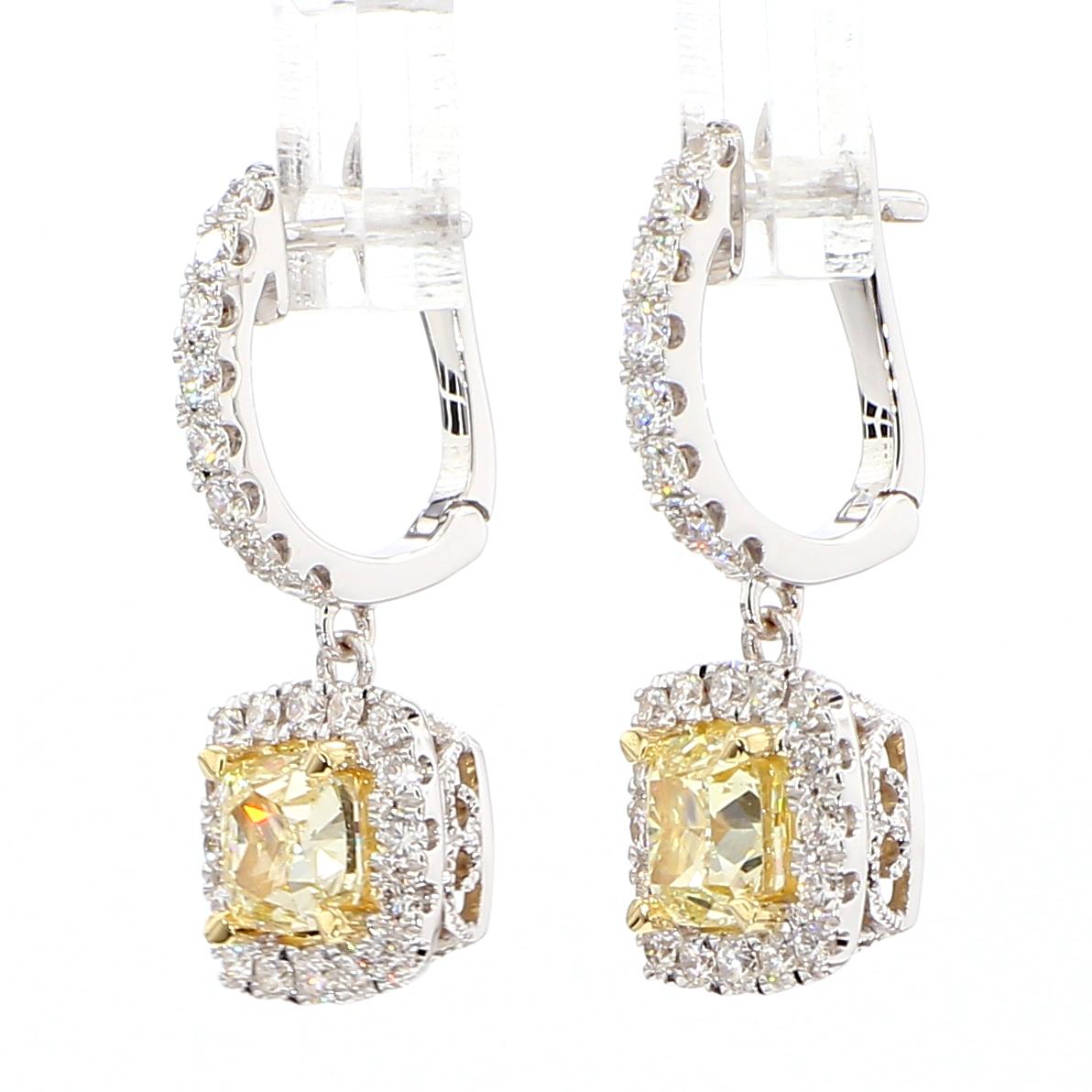 Natural Yellow Cushion Diamond 2.35 Carat TW Gold Drop Earrings