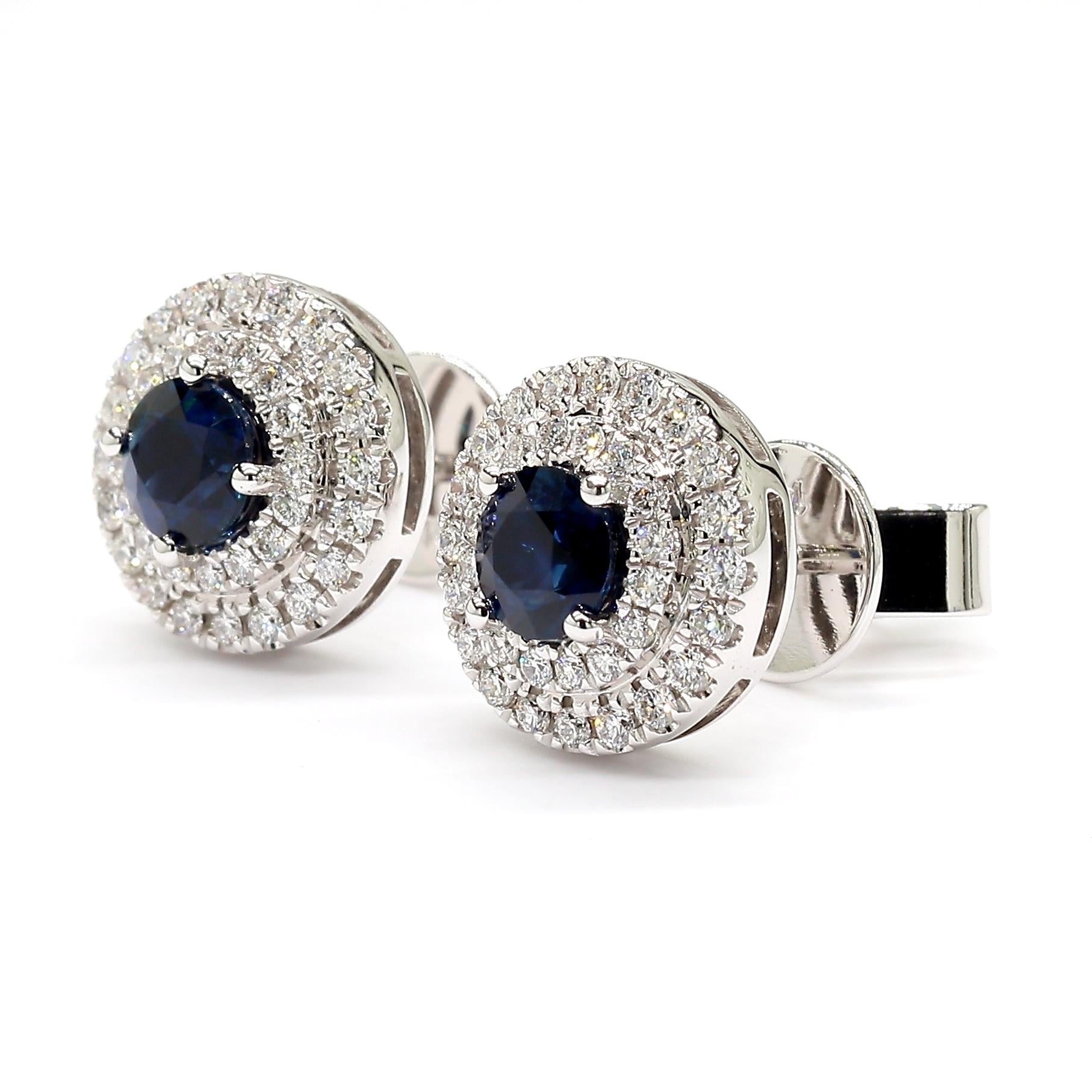 Natural Blue Round Sapphire and Diamond 1.01 Carat TW Gold Stud Earrings