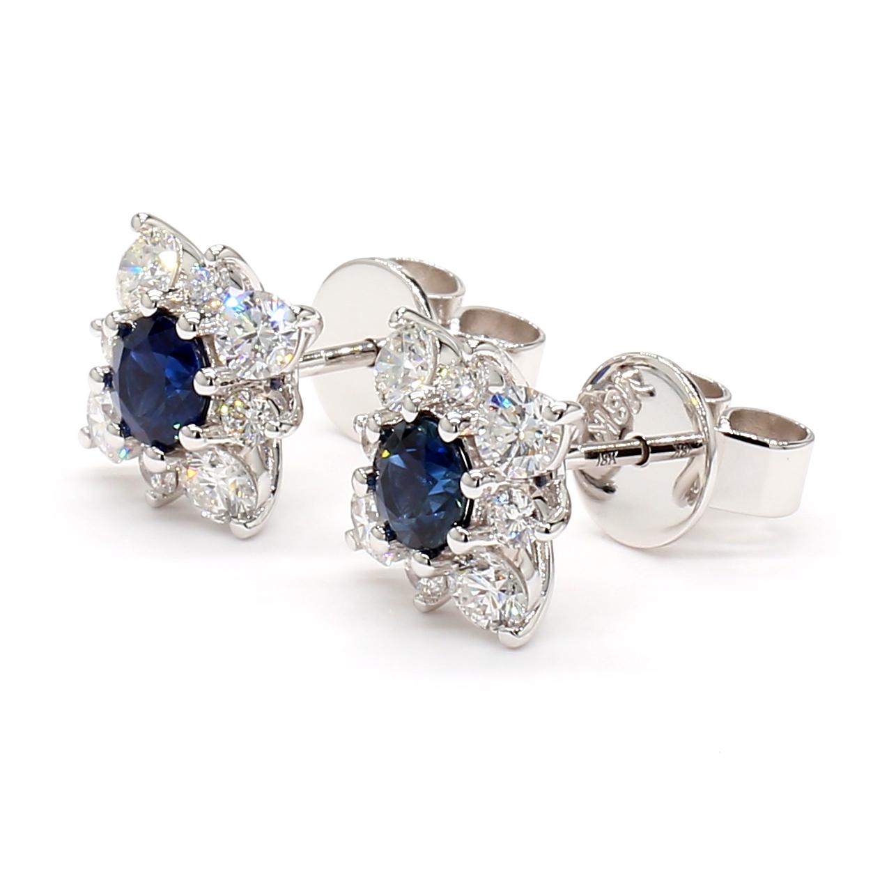 Natural Blue Round Sapphire and Diamond 1.50 Carat TW Gold Stud Earrings