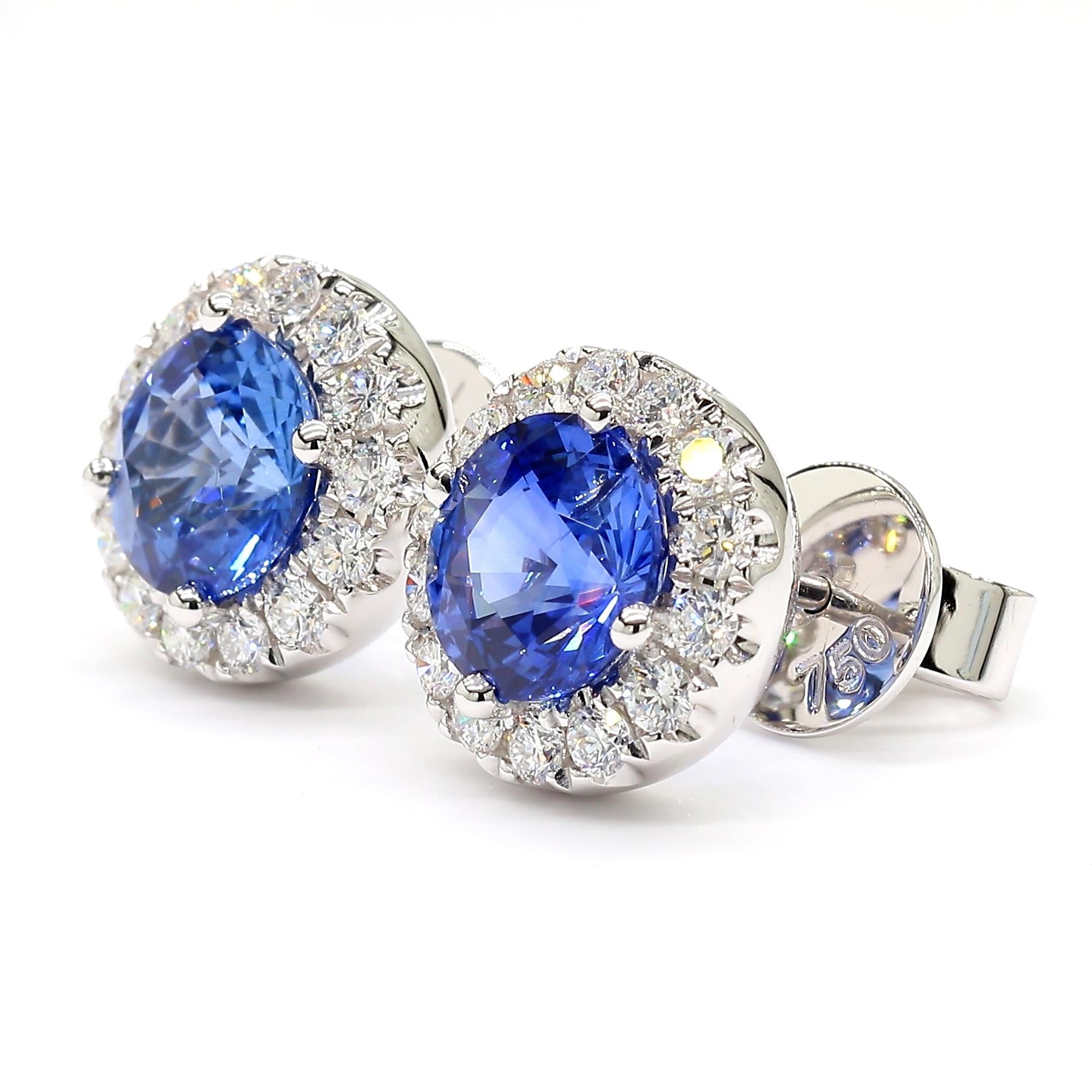 Natural Blue Round Sapphire and Diamond 3.93 Carat TW Gold Stud Earrings