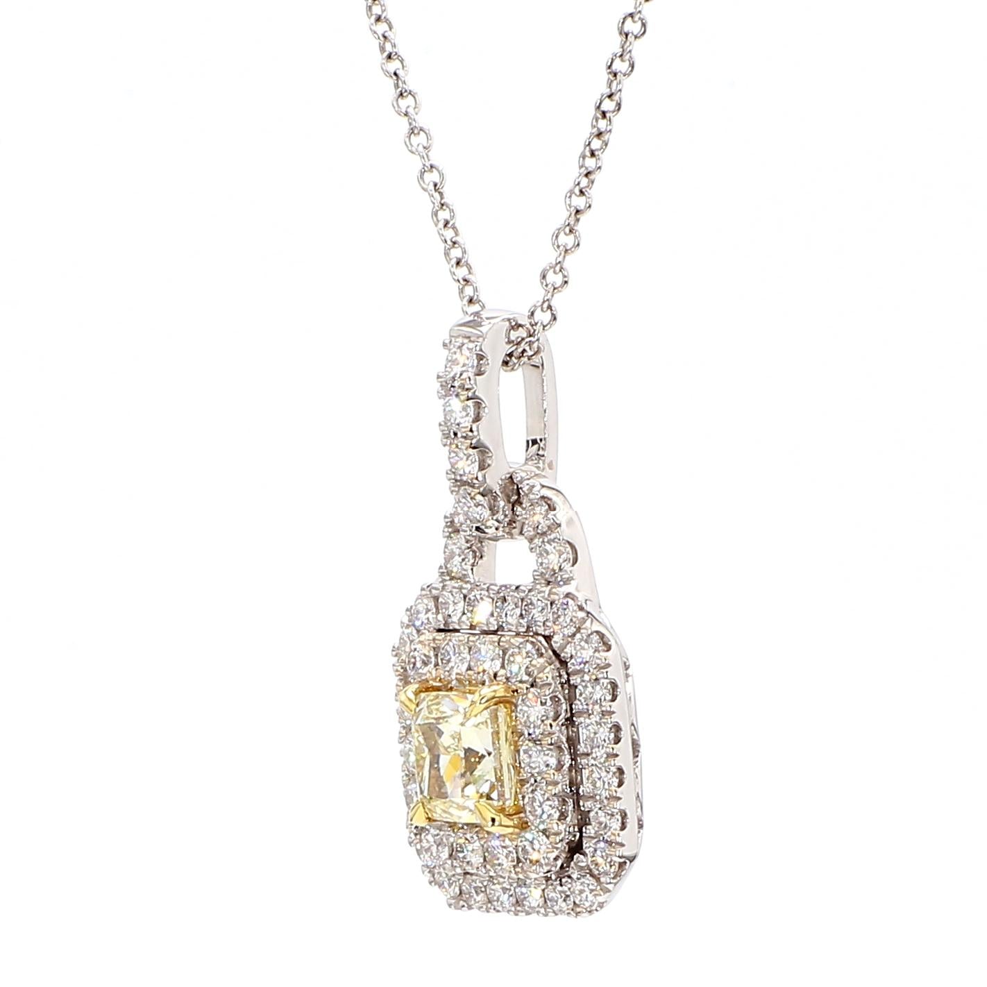 Natural Yellow Cushion and White Diamond 1.21 Carat TW Gold Drop Pendant