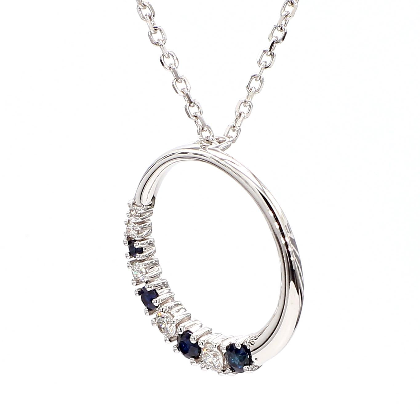 Natural Blue Round Sapphire and White Diamond 0.37 Carat TW White Gold Pendant