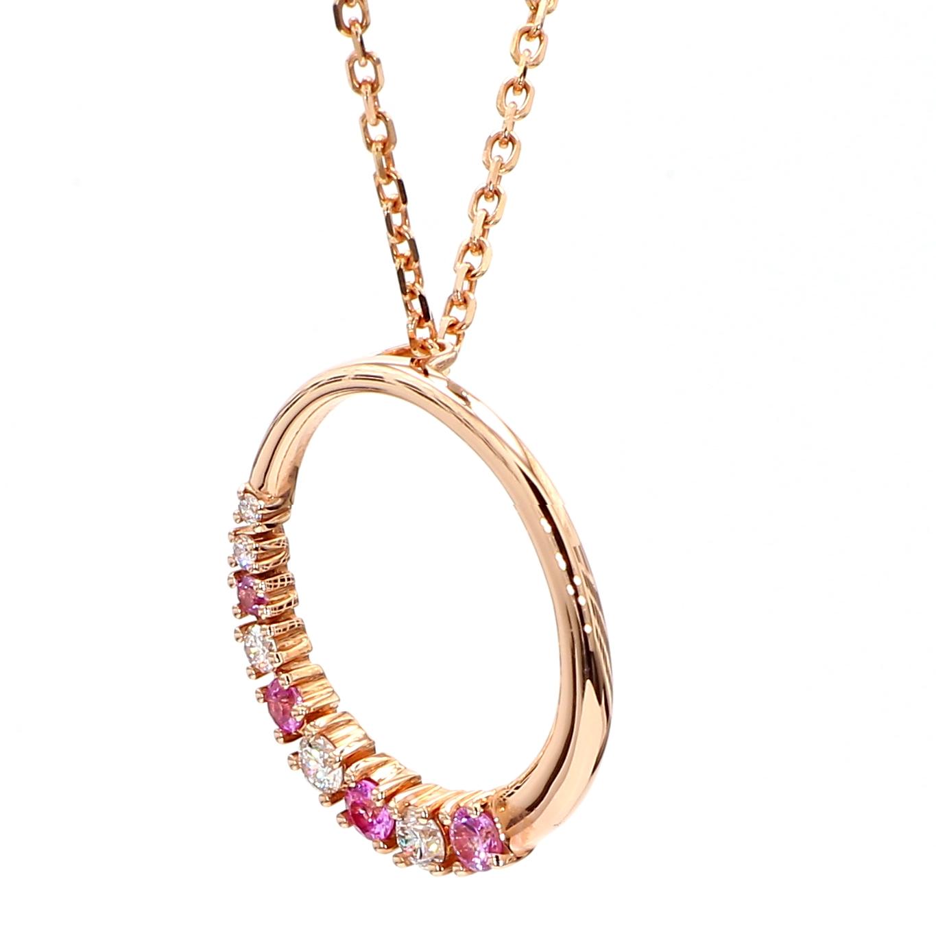 Natural Pink Round Sapphire and White Diamond .36 Carat TW Rose Gold Pendant