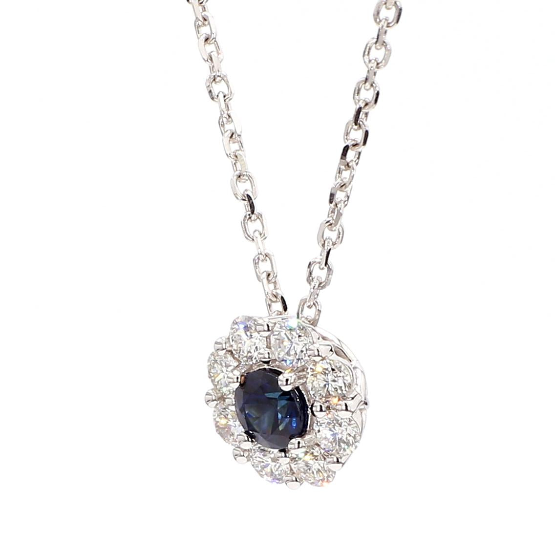 Natural Blue Round Sapphire and White Diamond 0.88 Carat TW Gold Drop Pendant