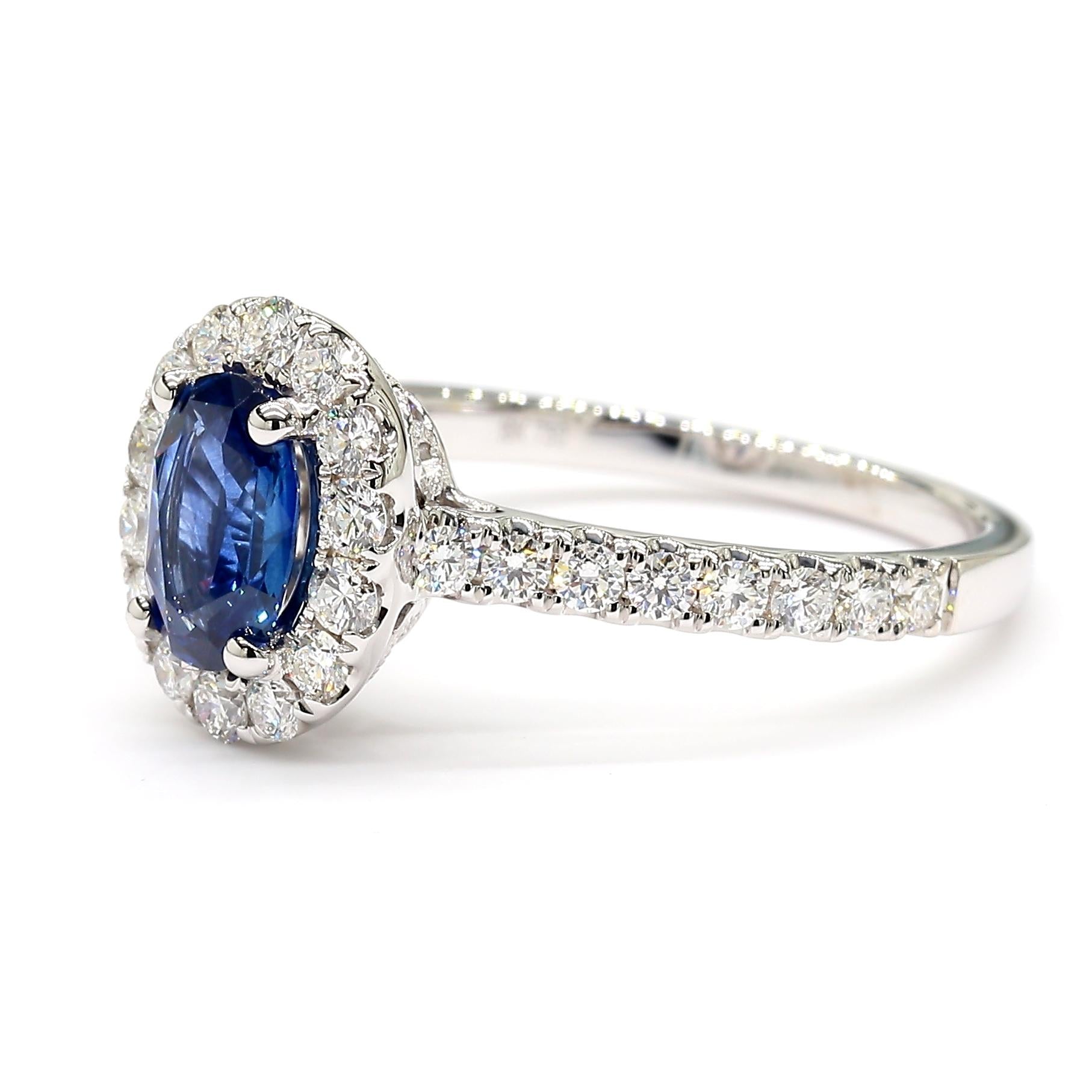 Natural Blue Oval Sapphire and White Diamond 1.47 Carat TW Gold Cocktail Ring