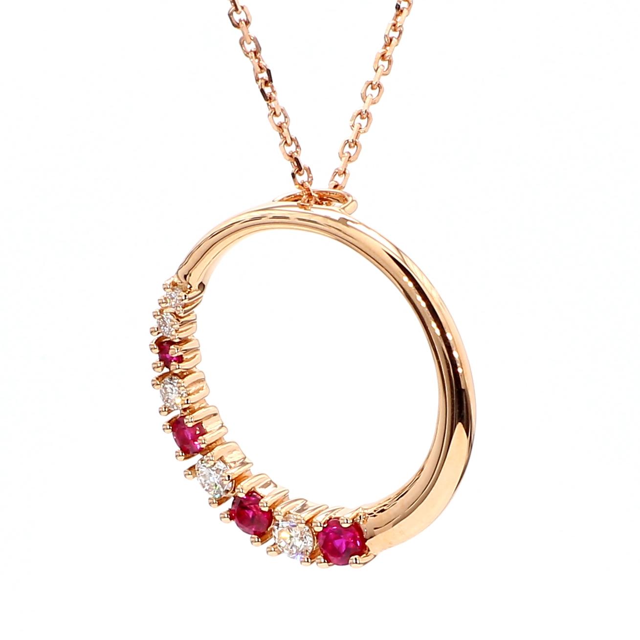 Natural Round Red Ruby and White Diamond .37 Carat TW Rose Gold Drop Pendant