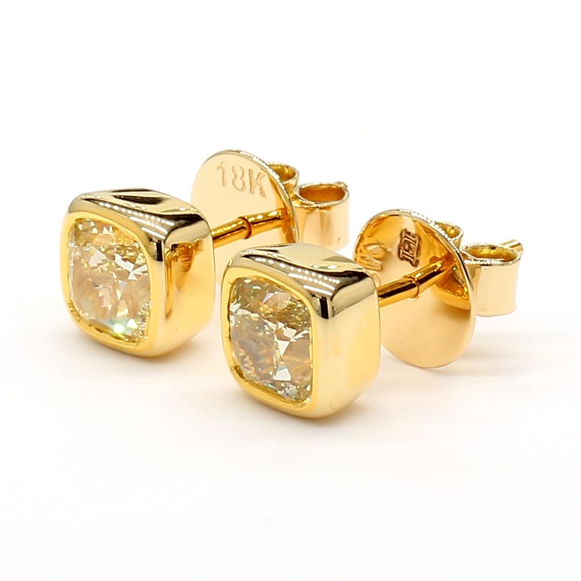 GIA Certified Natural Yellow Cushion Diamond 2.02 Carat TW Gold Stud Earrings