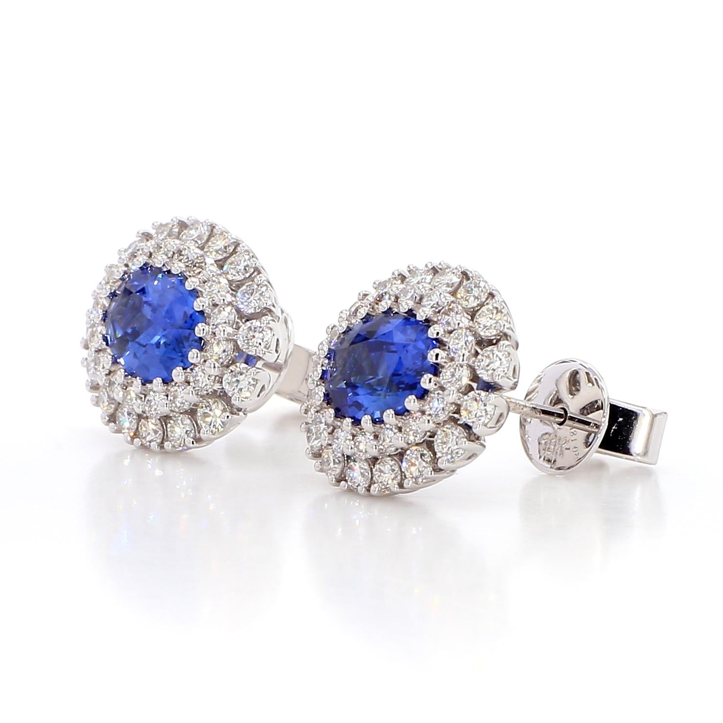 Natural Blue Oval Sapphire and Diamond 3.38 Carat TW Gold Stud Earrings