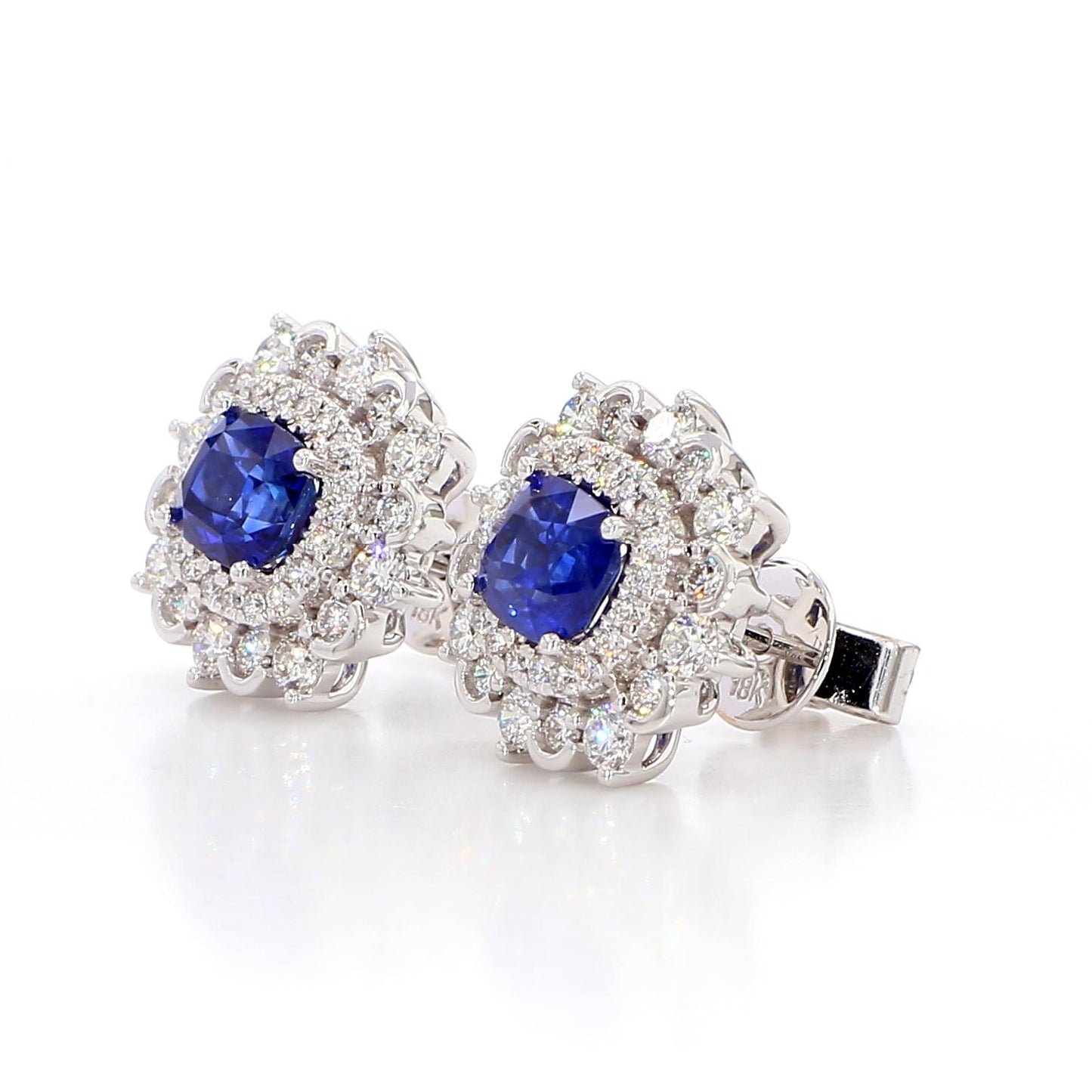 Natural Blue Cushion Sapphire and White Diamond 3.31 Carat TW Gold Stud Earrings